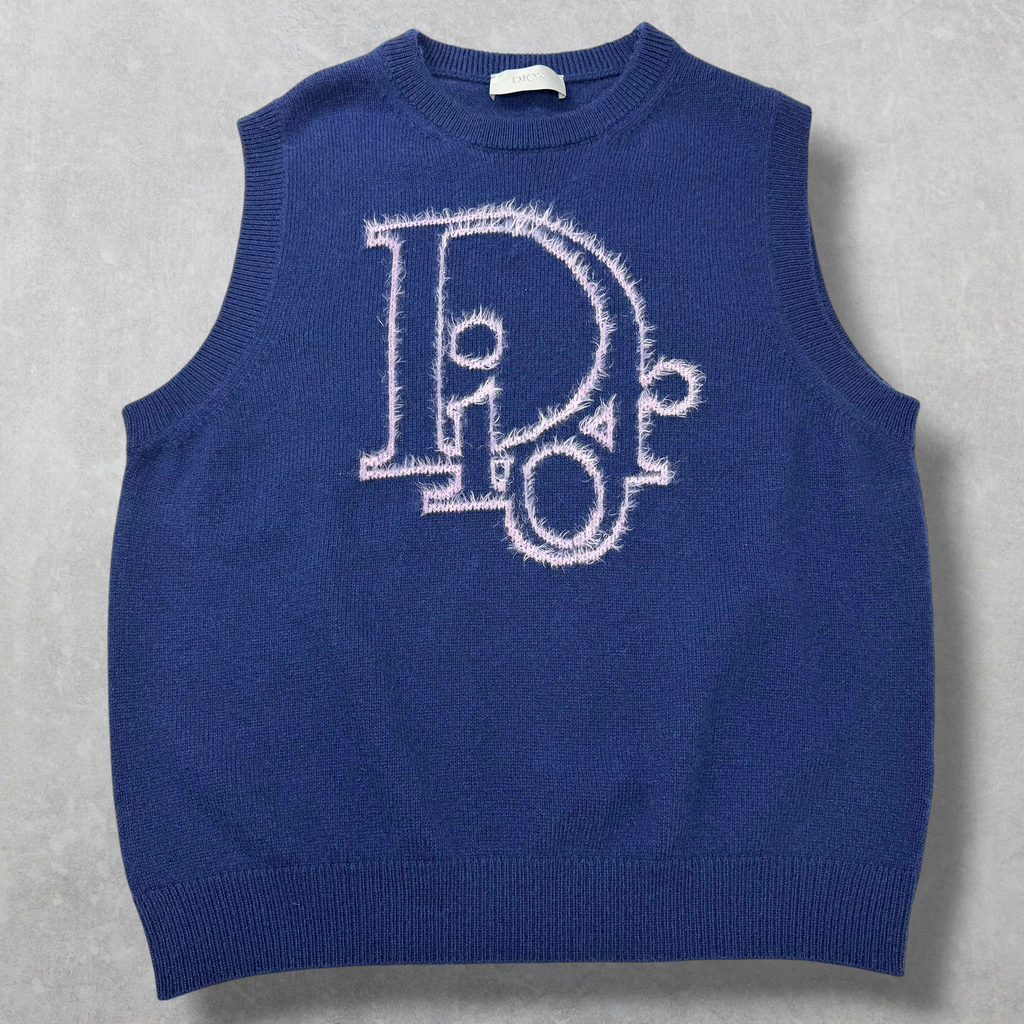 Dior Navy Blue Cashmere Knit Logo Sweater Vest XXL