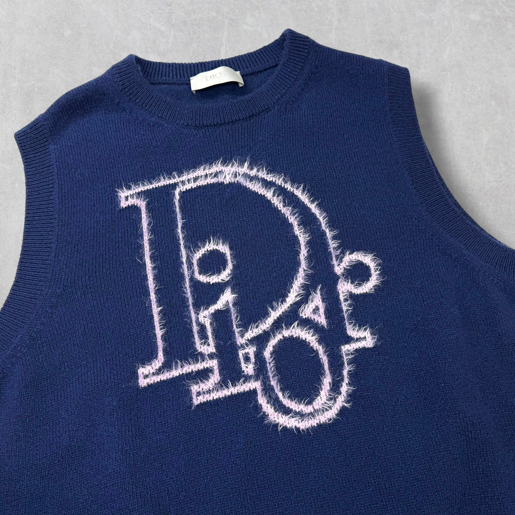 Dior Navy Blue Cashmere Knit Logo Sweater Vest XXL