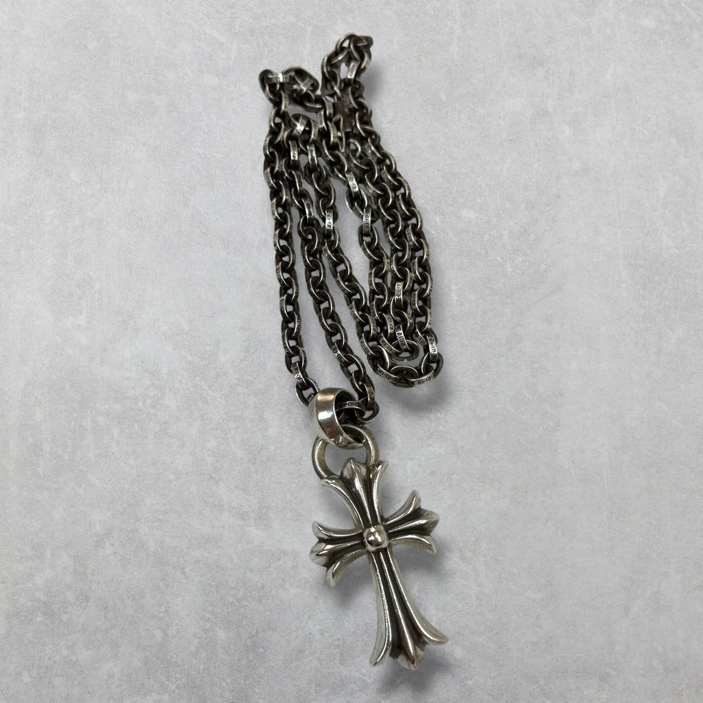 Chrome Hearts Small Cross Pendant w/ Bale & 20" Paper Chain Necklace