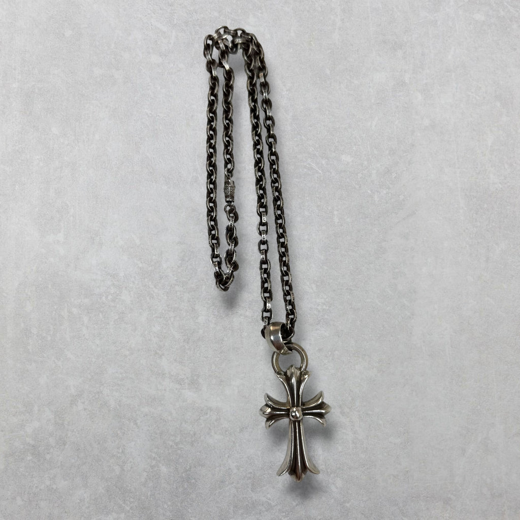 Chrome Hearts Small Cross Pendant w/ Bale & 20" Paper Chain Necklace