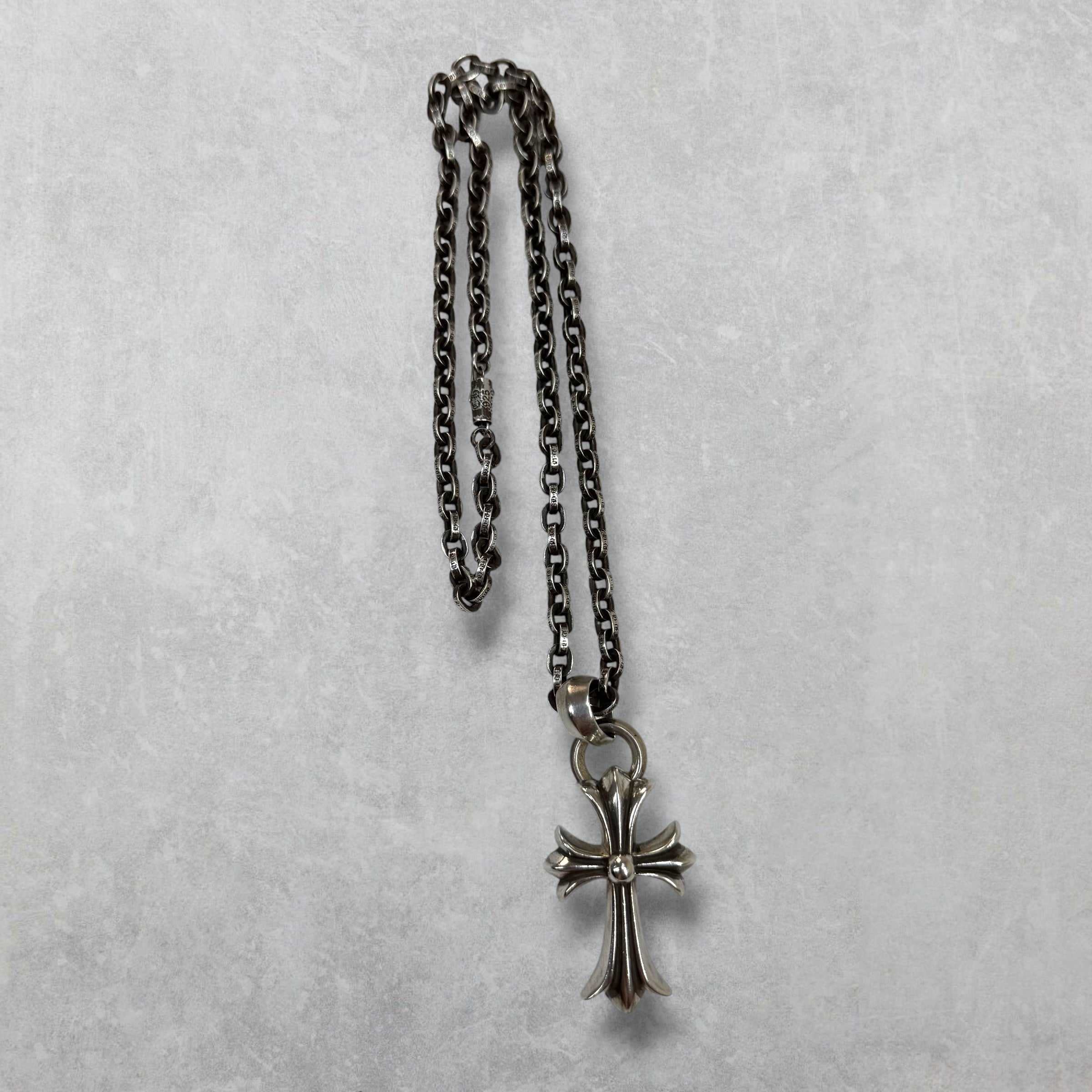 Chrome Hearts Small Cross Pendant w/ Bale & 20" Paper Chain Necklace