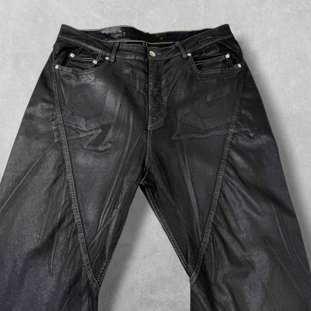 Rick Owens DRKSHDW Bias Waxed Bootcut Jeans 36