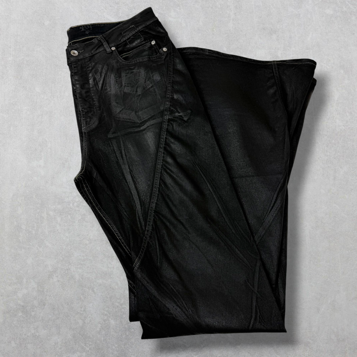 Rick Owens DRKSHDW Bias Waxed Bootcut Jeans 36