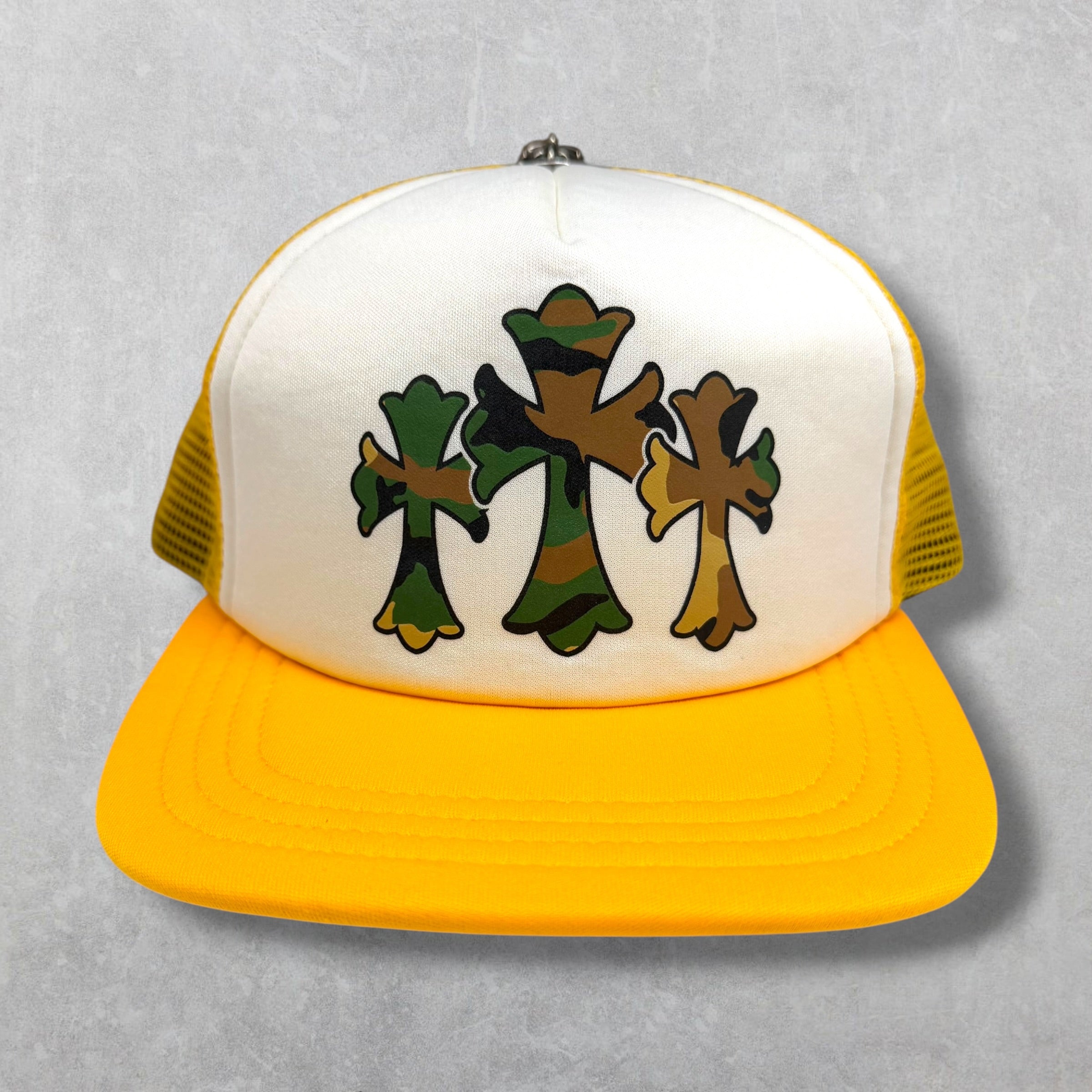 Chrome Hearts Triple Cross Camo Cemetery Trucker Hat Yellow