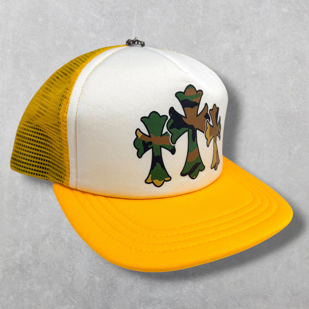 Chrome Hearts Triple Cross Camo Cemetery Trucker Hat Yellow