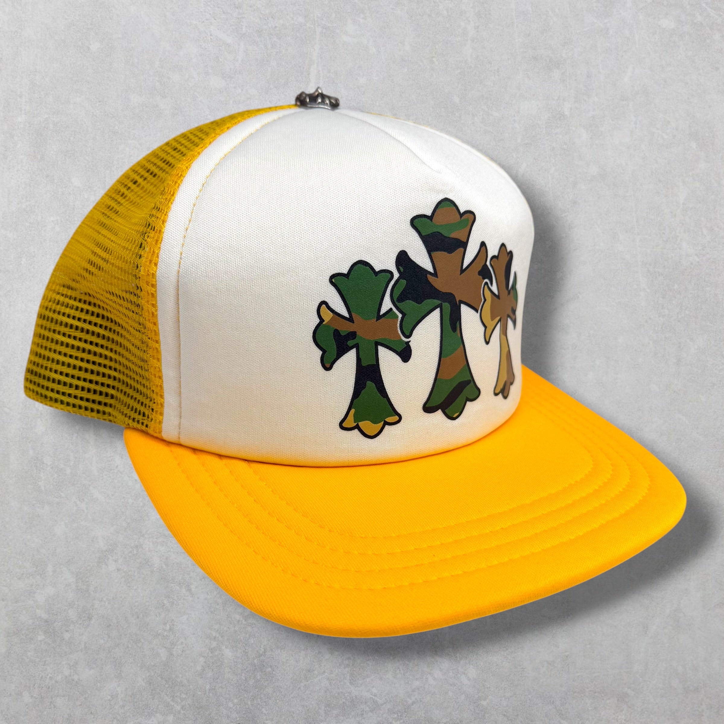 Chrome Hearts Triple Cross Camo Cemetery Trucker Hat Yellow