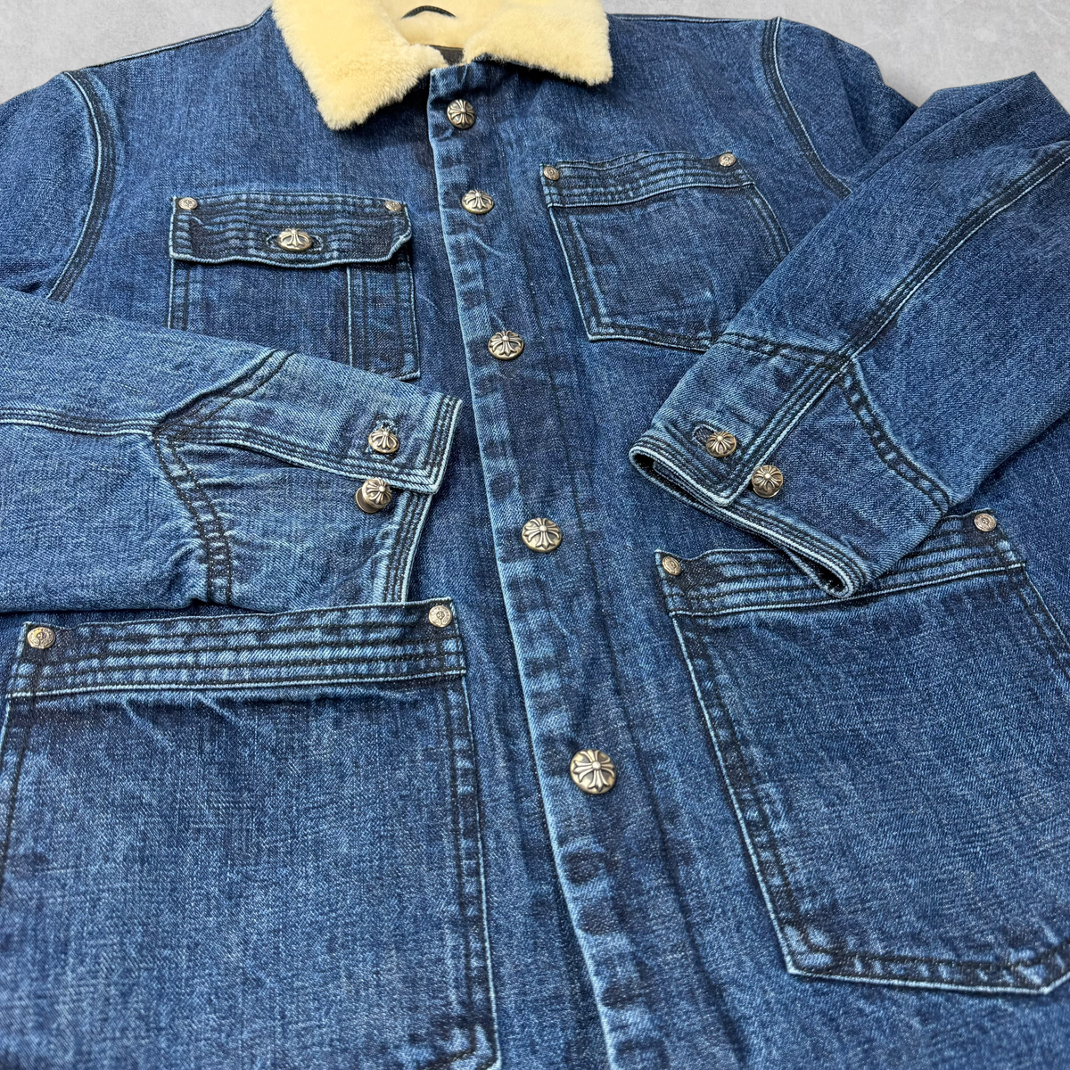Chrome Hearts Shearling Collar Blue Denim Work Jacket M
