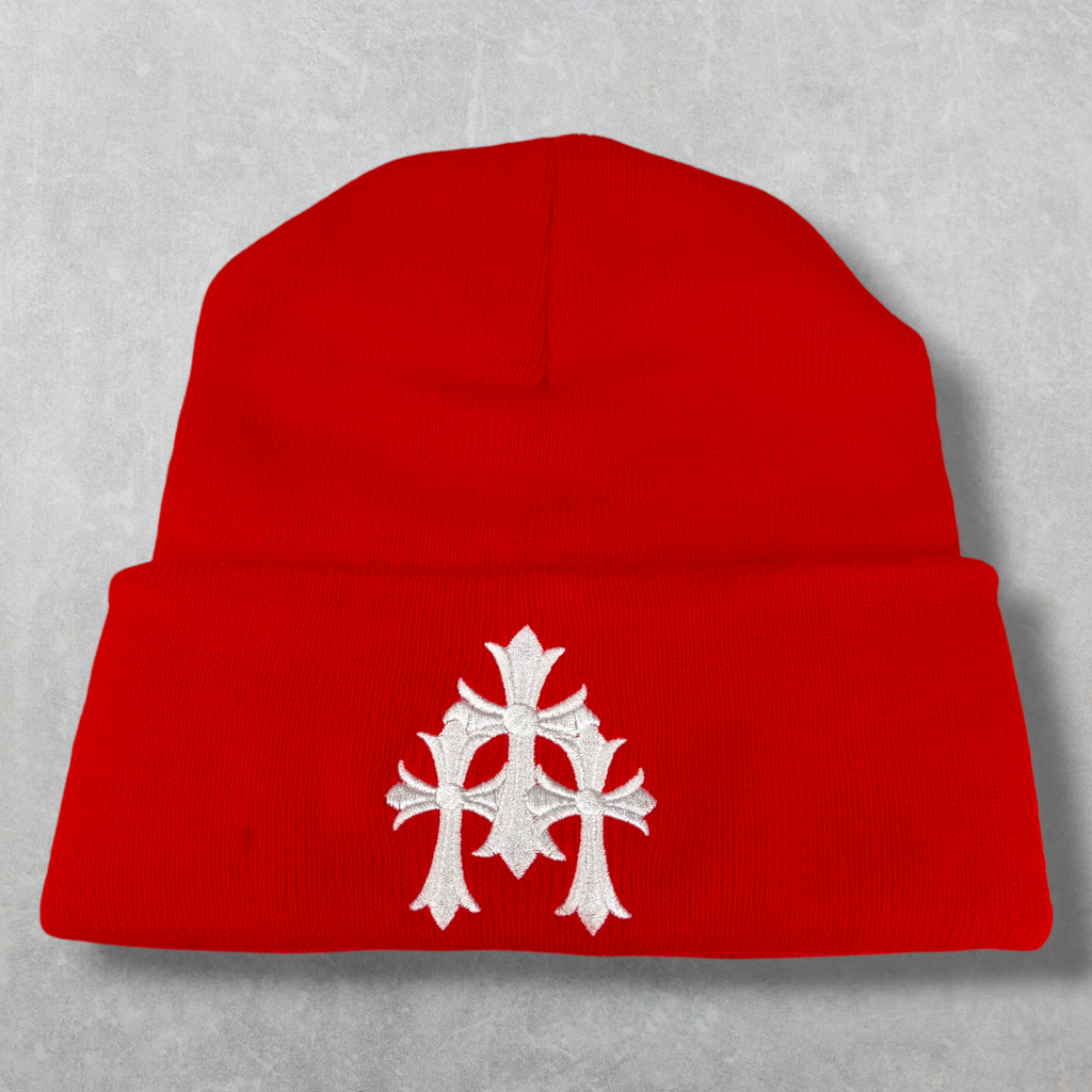 Chrome Hearts White Triple Cross Red Beanie