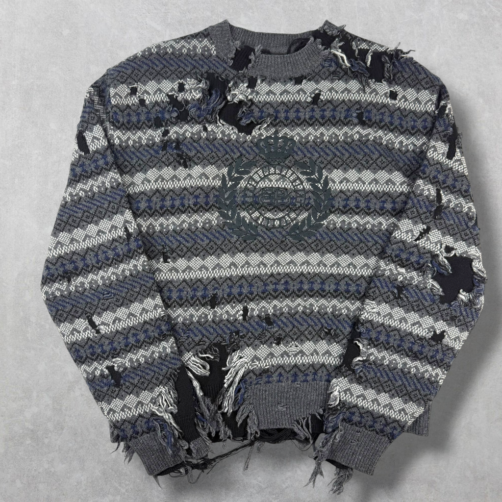 Balenciaga Grey Destroyed Fair Isle Sweater M