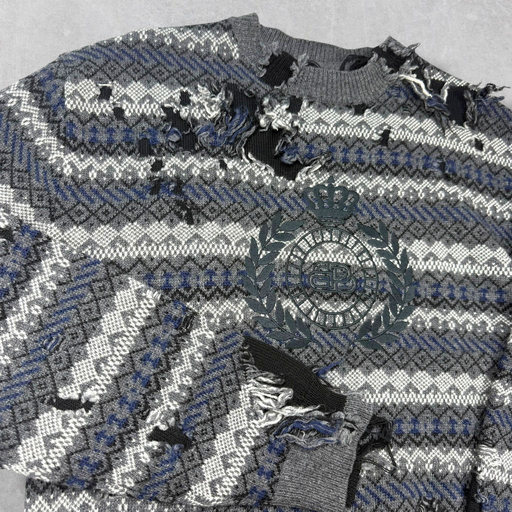 Balenciaga Grey Destroyed Fair Isle Sweater M