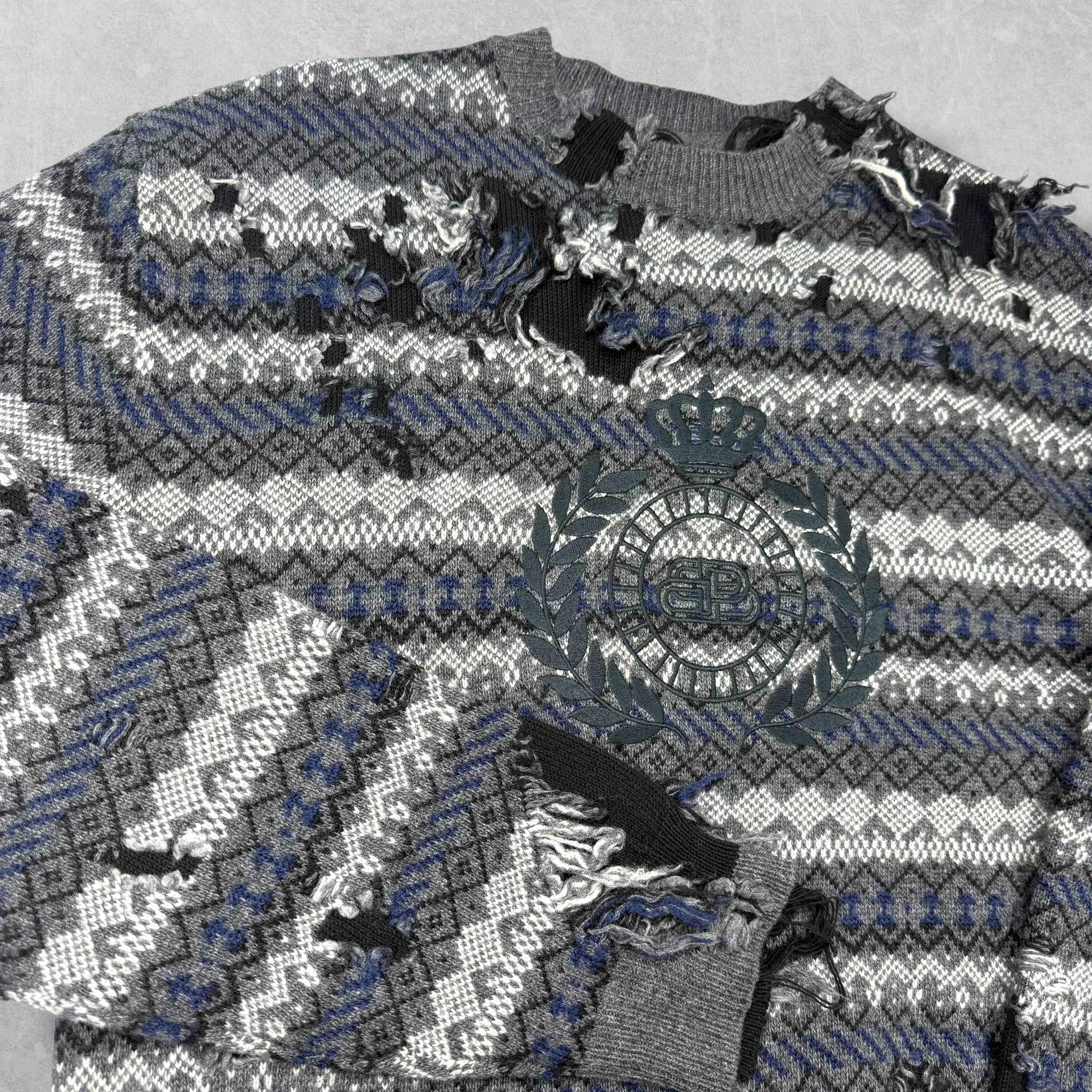 Balenciaga Grey Destroyed Fair Isle Sweater M