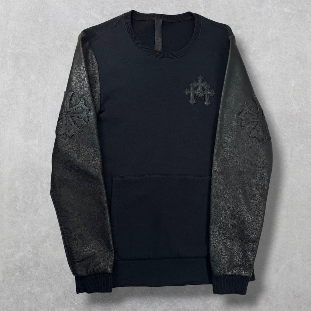 Chrome Hearts Triple Cross & Plus Patch Leather Sleeved Crewneck S
