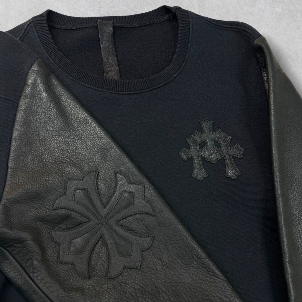 Chrome Hearts Triple Cross & Plus Patch Leather Sleeved Crewneck S