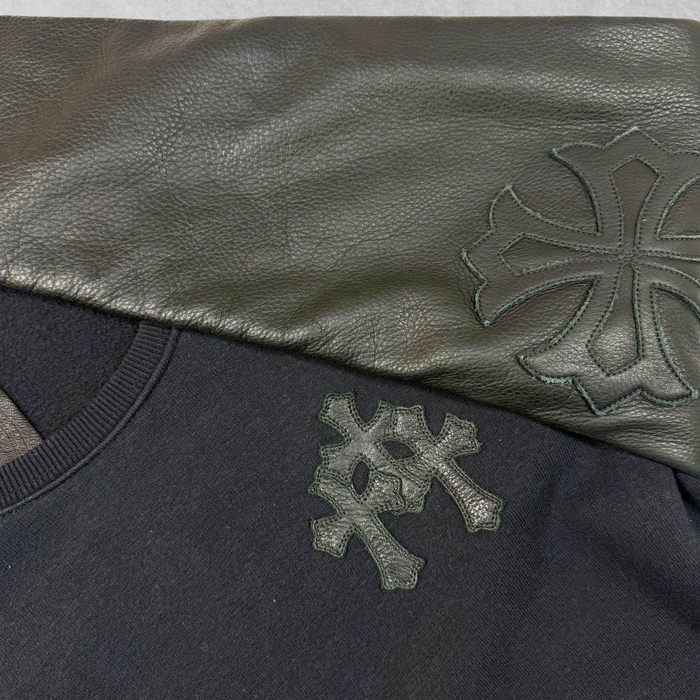 Chrome Hearts Triple Cross & Plus Patch Leather Sleeved Crewneck S