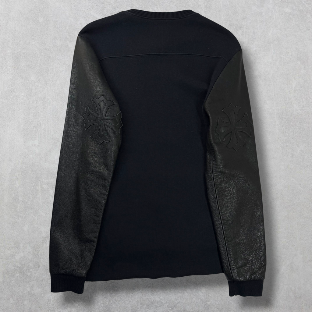 Chrome Hearts Triple Cross & Plus Patch Leather Sleeved Crewneck S
