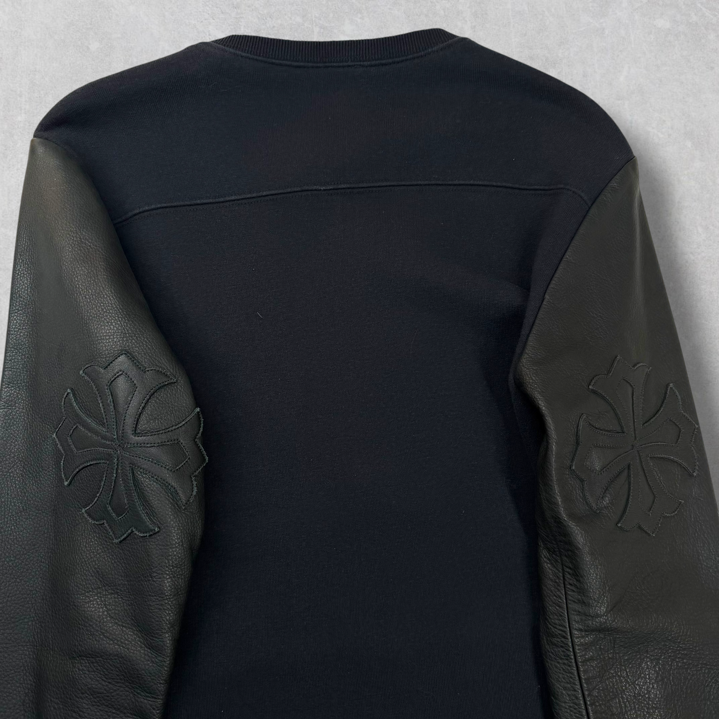 Chrome Hearts Triple Cross & Plus Patch Leather Sleeved Crewneck S