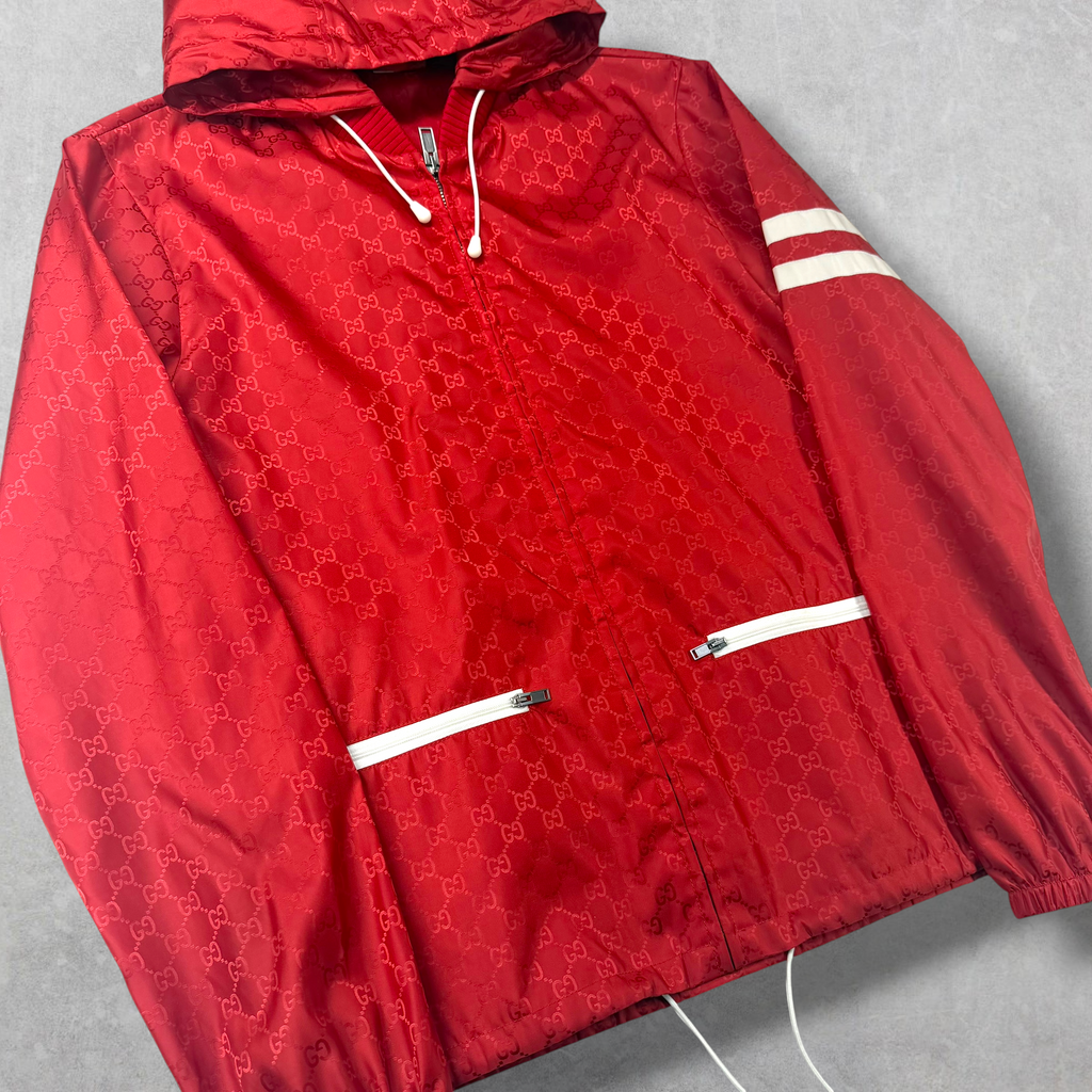Gucci GG Monogram Nylon Red Windbreaker Jacket 44 (S)