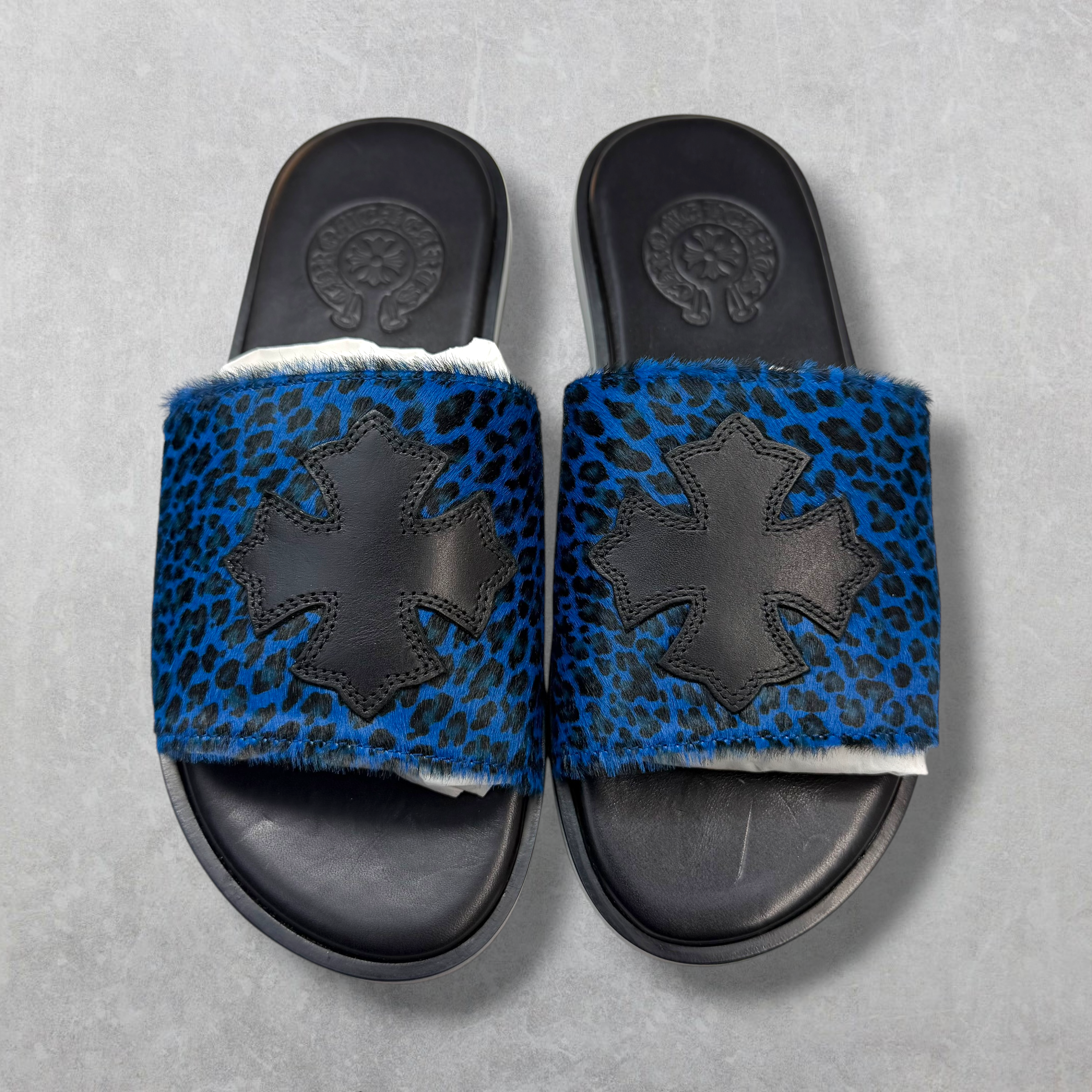 Chrome Hearts Blue Cheetah Leather Cross Slides 36 (4US)