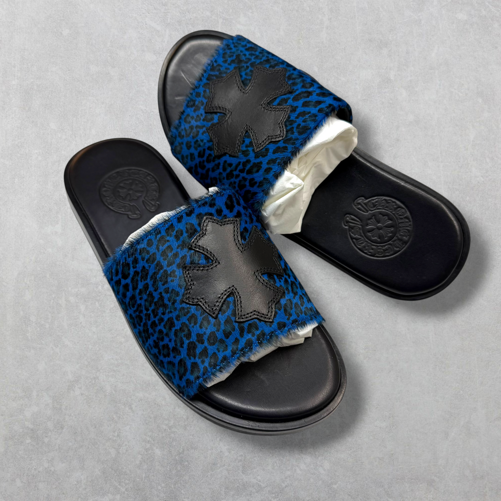 Chrome Hearts Blue Cheetah Leather Cross Slides 36 (4US)