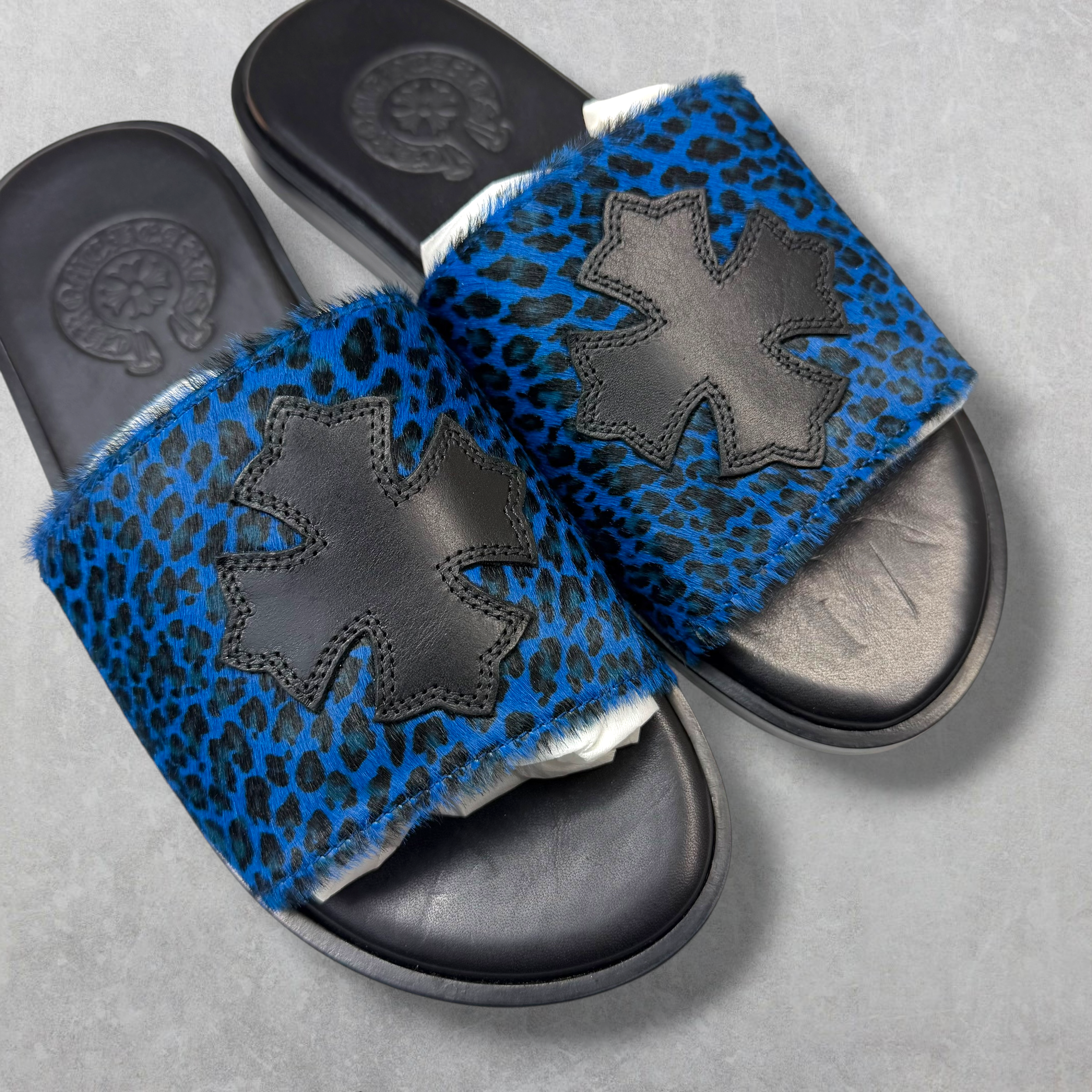Chrome Hearts Blue Cheetah Leather Cross Slides 36 (4US)