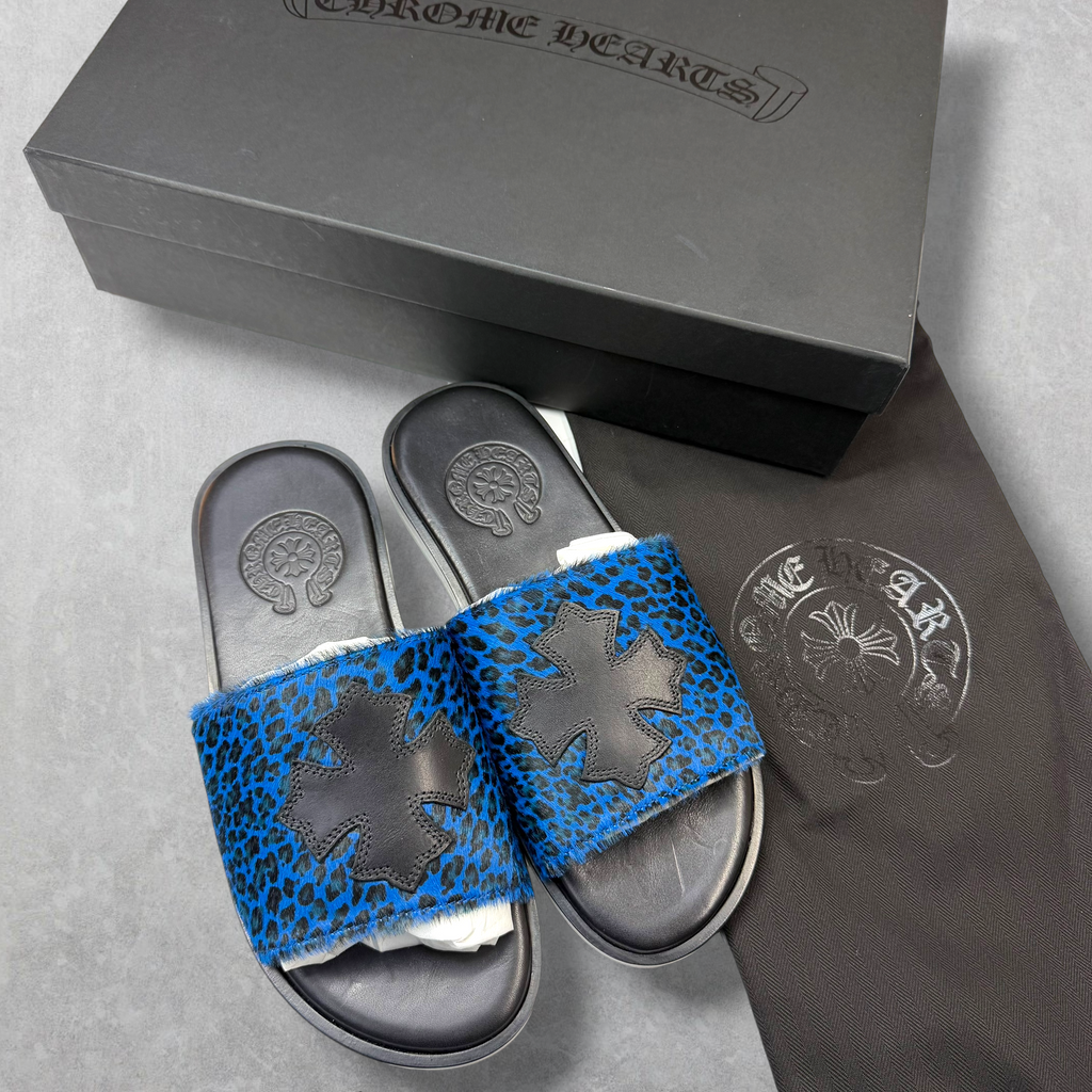 Chrome Hearts Blue Cheetah Leather Cross Slides 36 (4US)