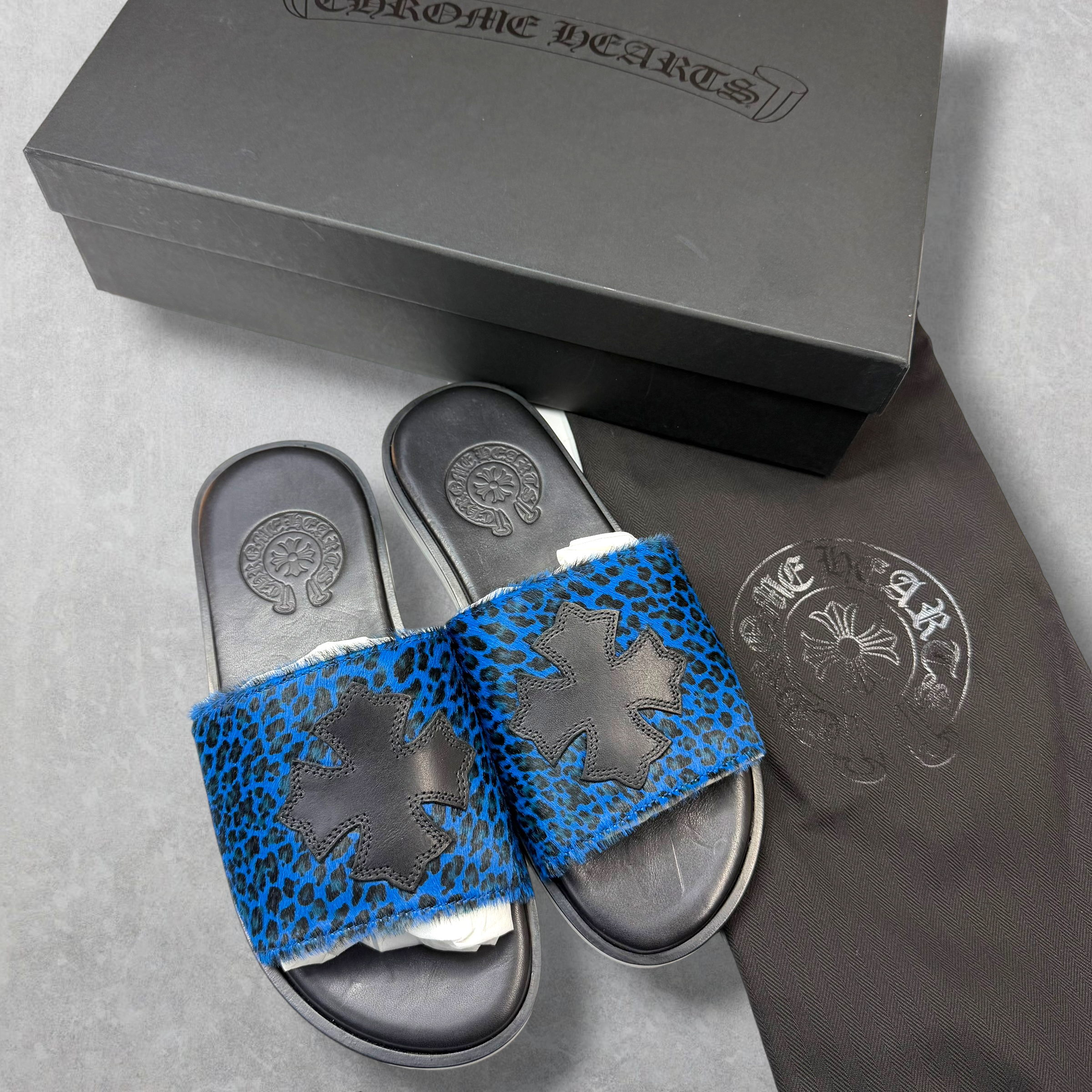 Chrome Hearts Blue Cheetah Leather Cross Slides 36 (4US)
