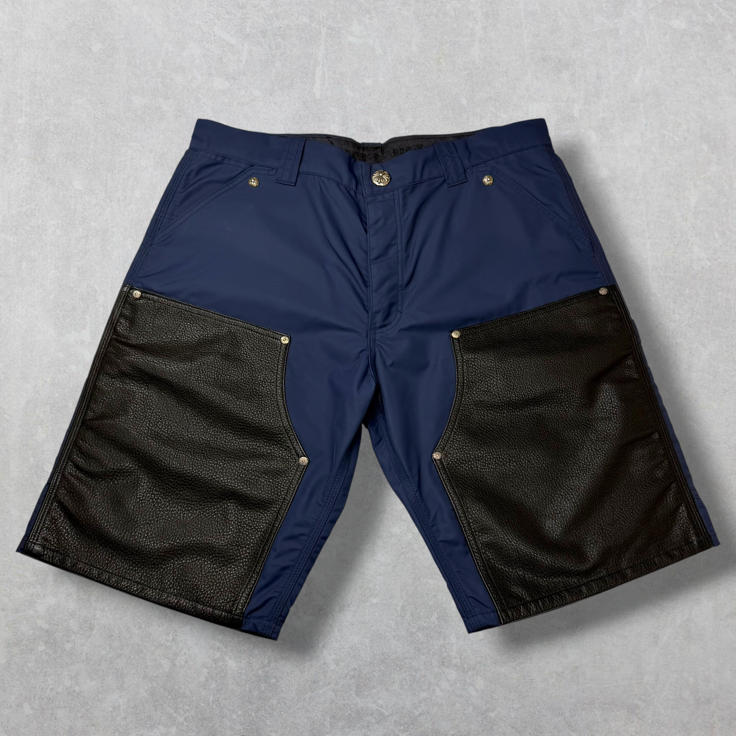 Chrome Hearts Navy Leather Double Knee Carpenter Shorts 36