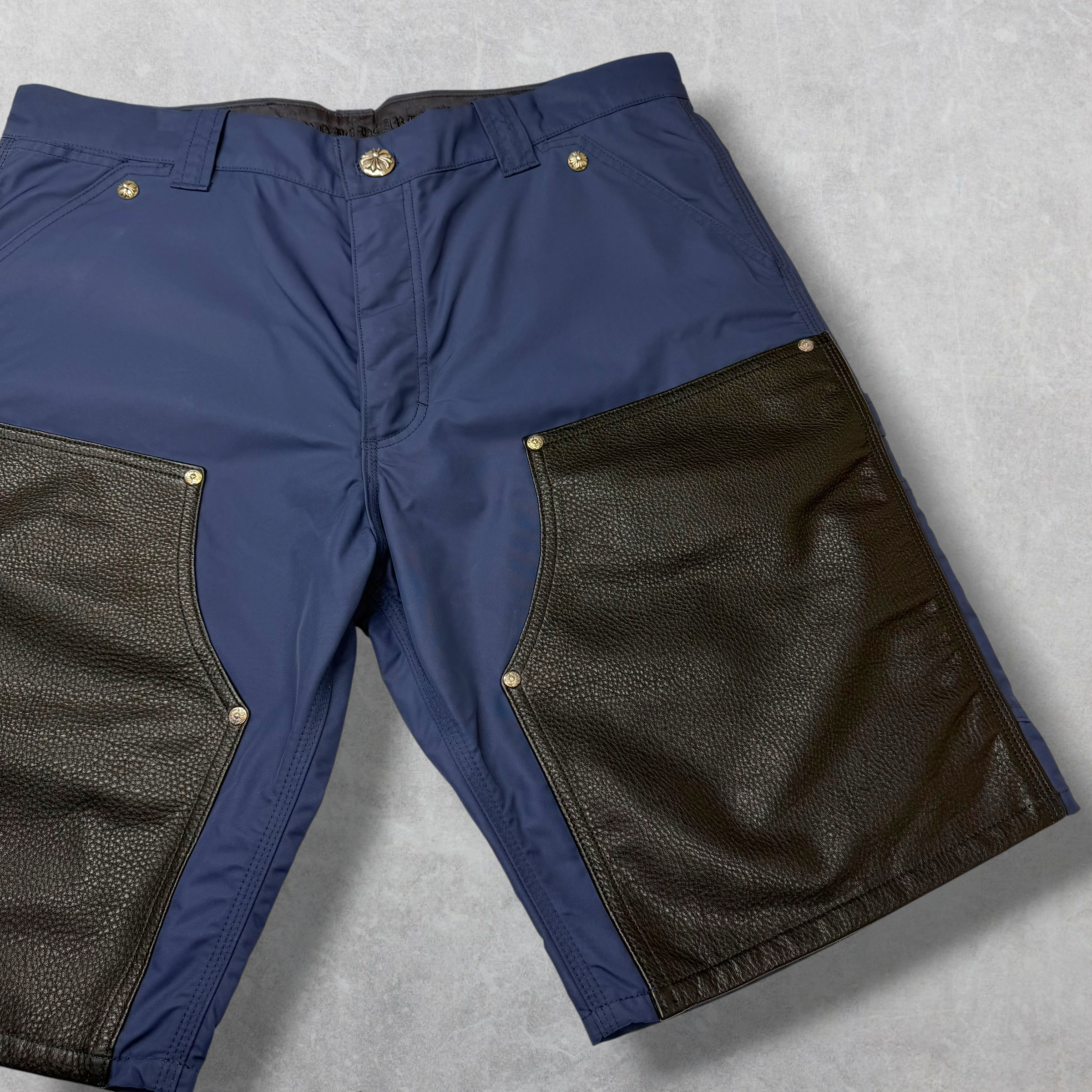 Chrome Hearts Navy Leather Double Knee Carpenter Shorts 36