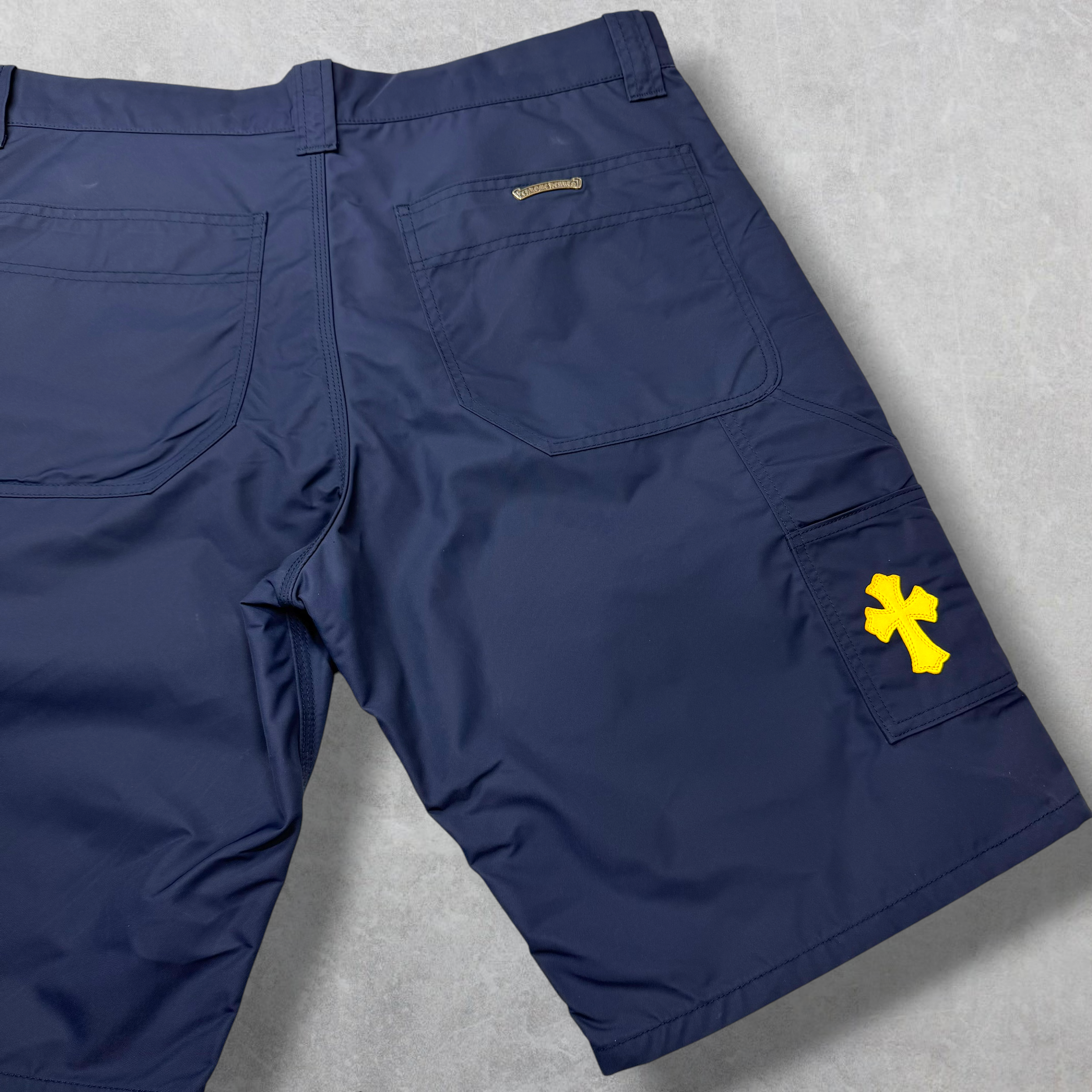 Chrome Hearts Navy Leather Double Knee Carpenter Shorts 36