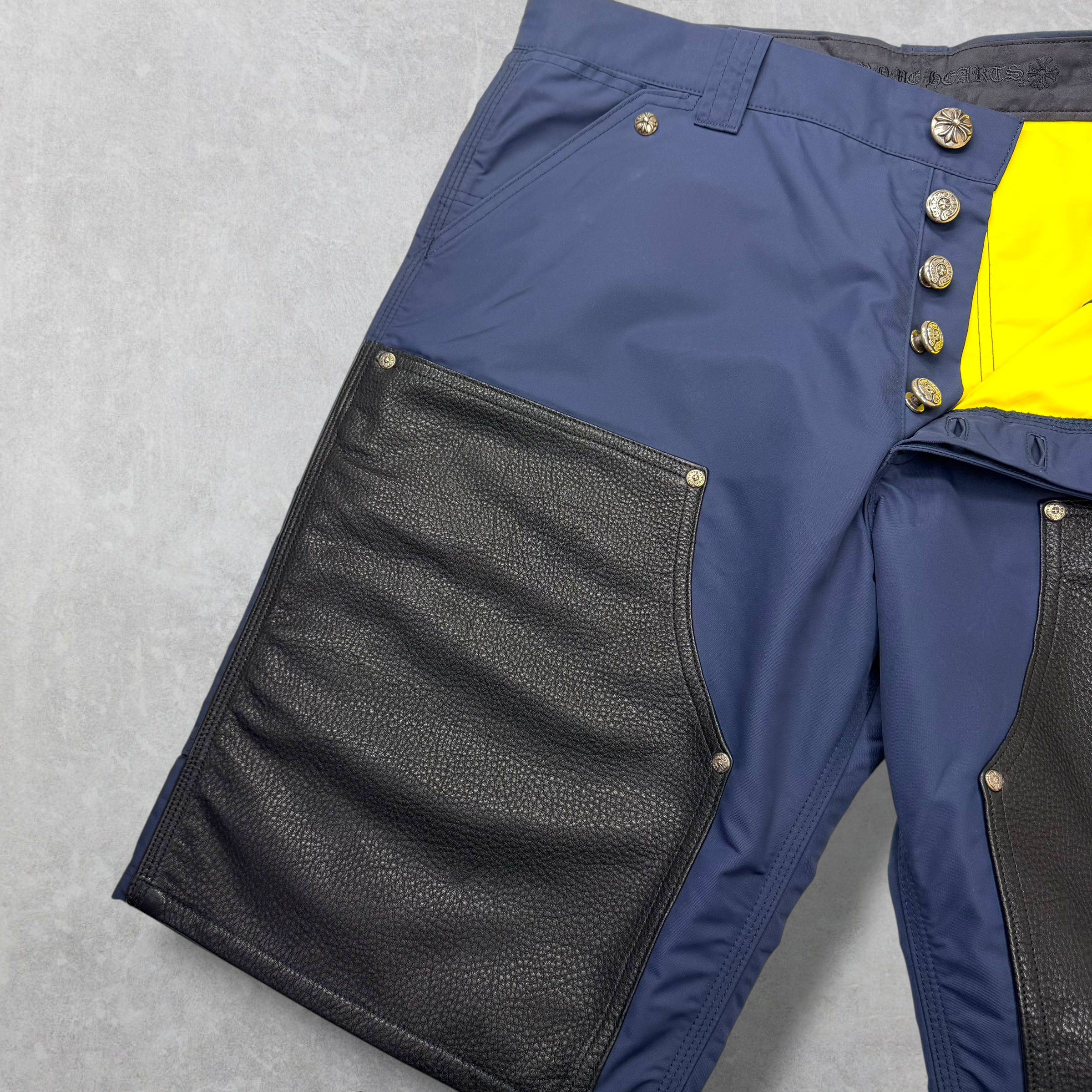 Chrome Hearts Navy Leather Double Knee Carpenter Shorts 36