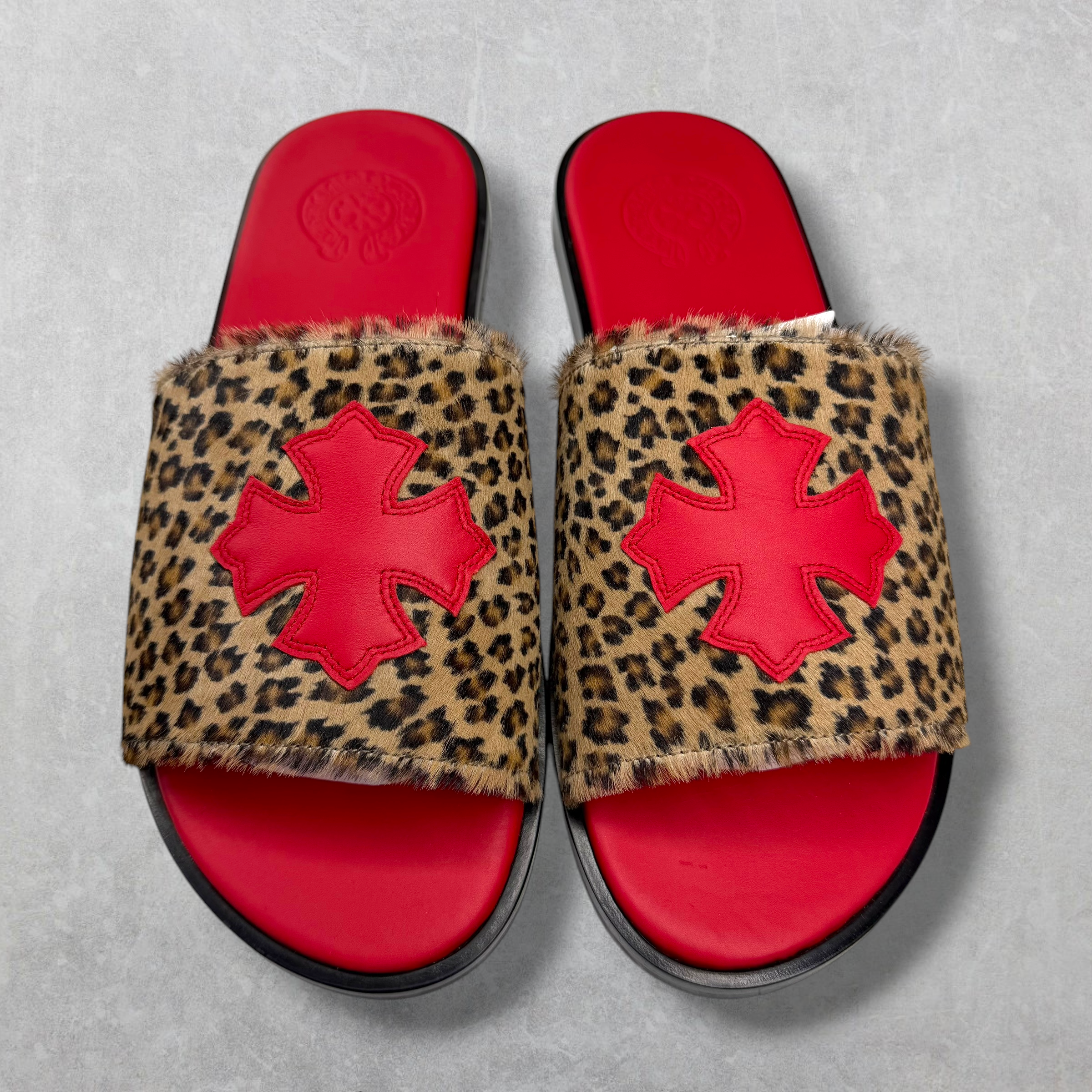 Chrome Hearts Red Cheetah Leather Cross Slides 43 (10US)