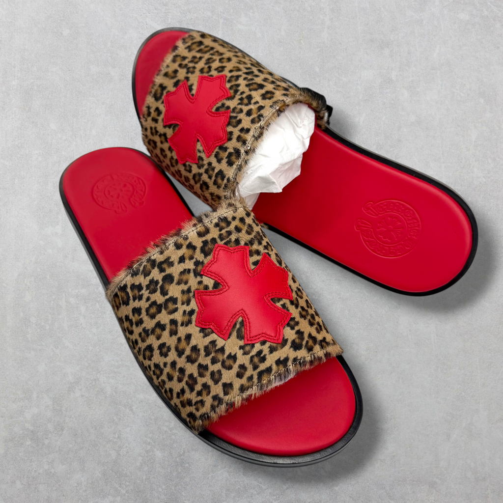 Chrome Hearts Red Cheetah Leather Cross Slides 43 (10US)