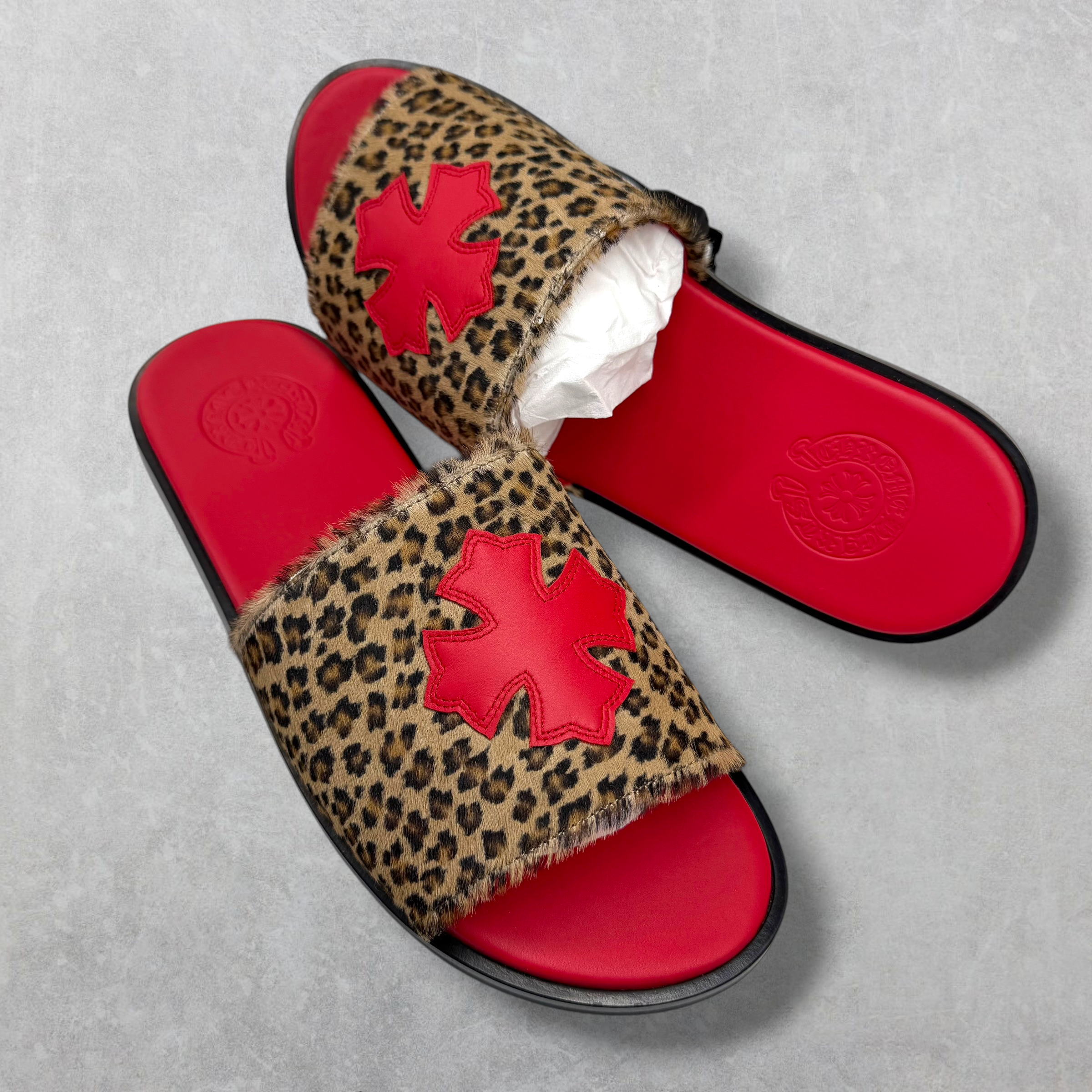 Chrome Hearts Red Cheetah Leather Cross Slides 43 (10US)