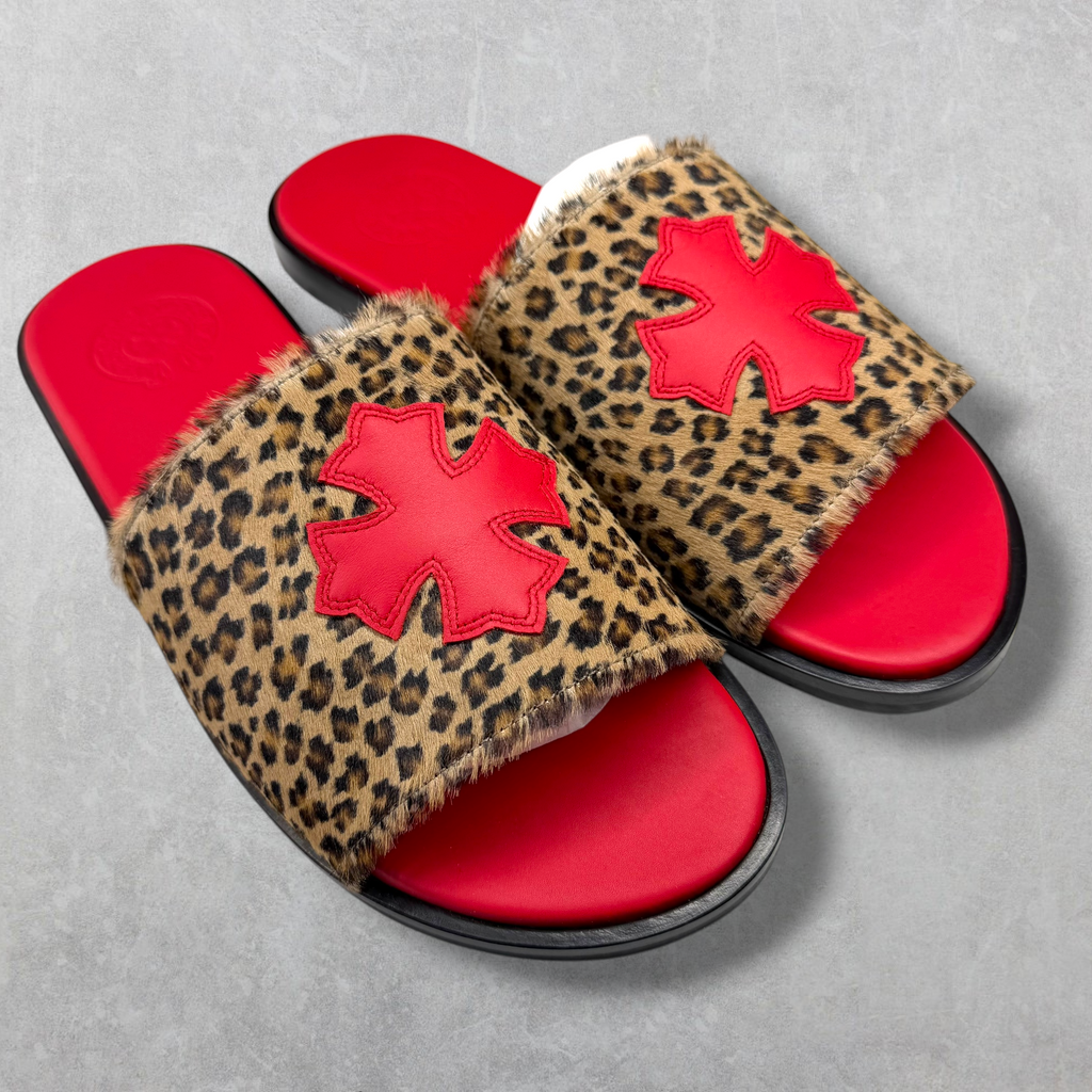 Chrome Hearts Red Cheetah Leather Cross Slides 43 (10US)