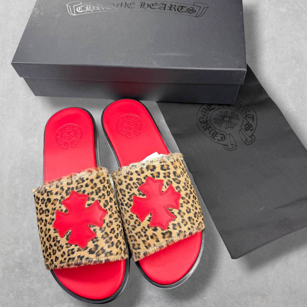 Chrome Hearts Red Cheetah Leather Cross Slides 43 (10US)