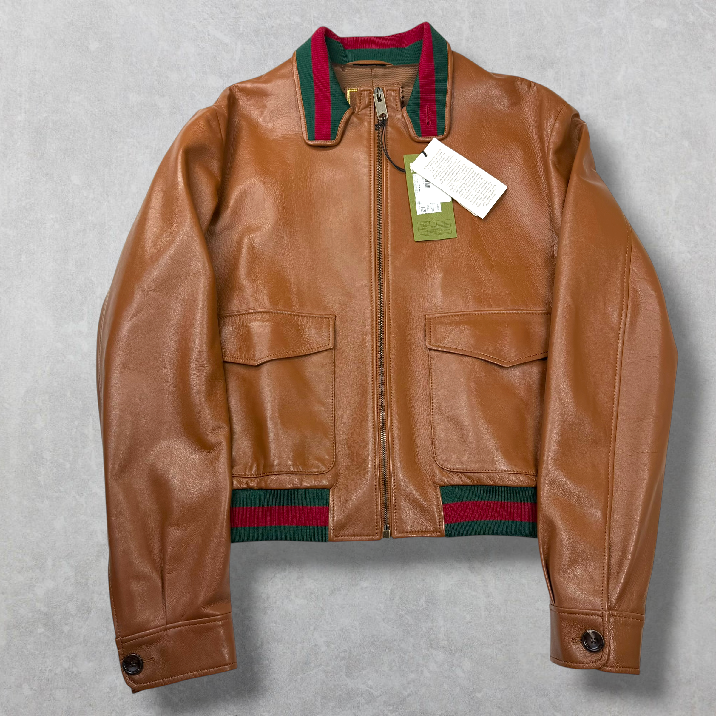 Gucci Web Accent Leather Bomber Jacket Brown 44 (S)