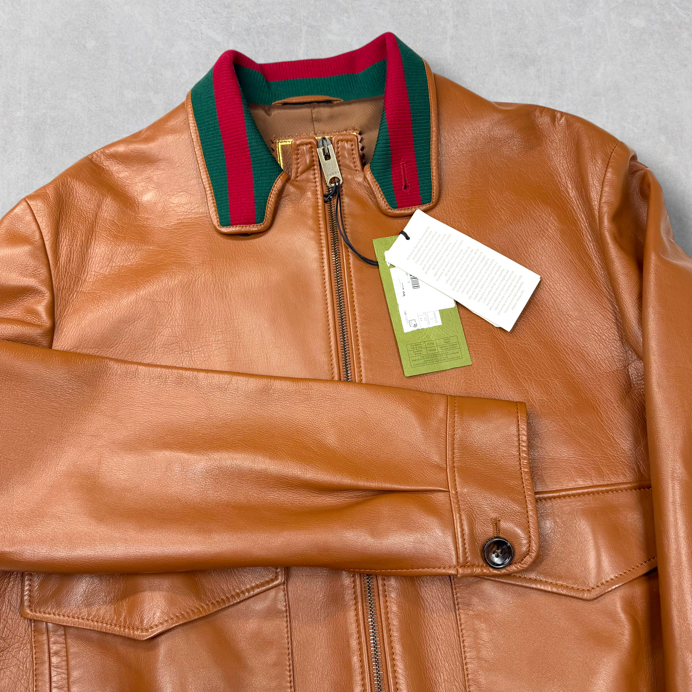 Gucci Web Accent Leather Bomber Jacket Brown 44 (S)