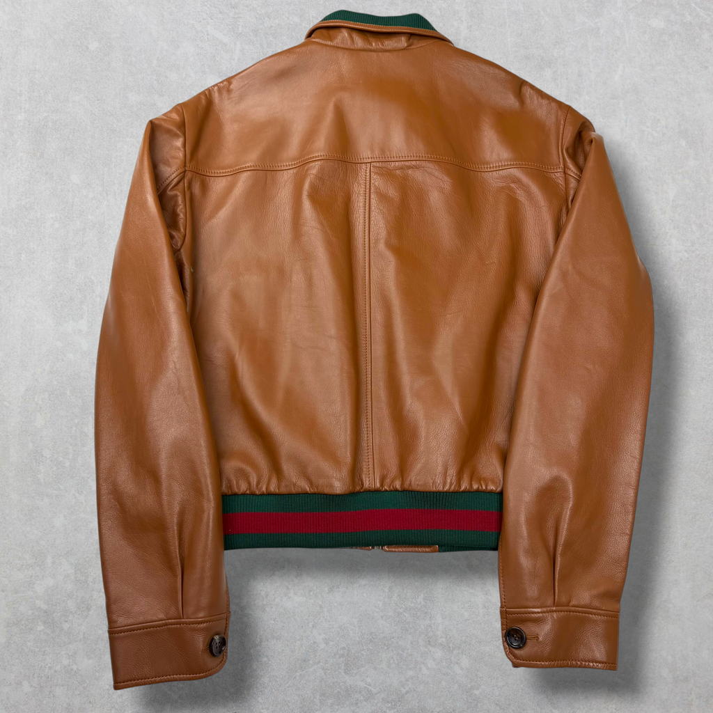 Gucci Web Accent Leather Bomber Jacket Brown 44 (S)