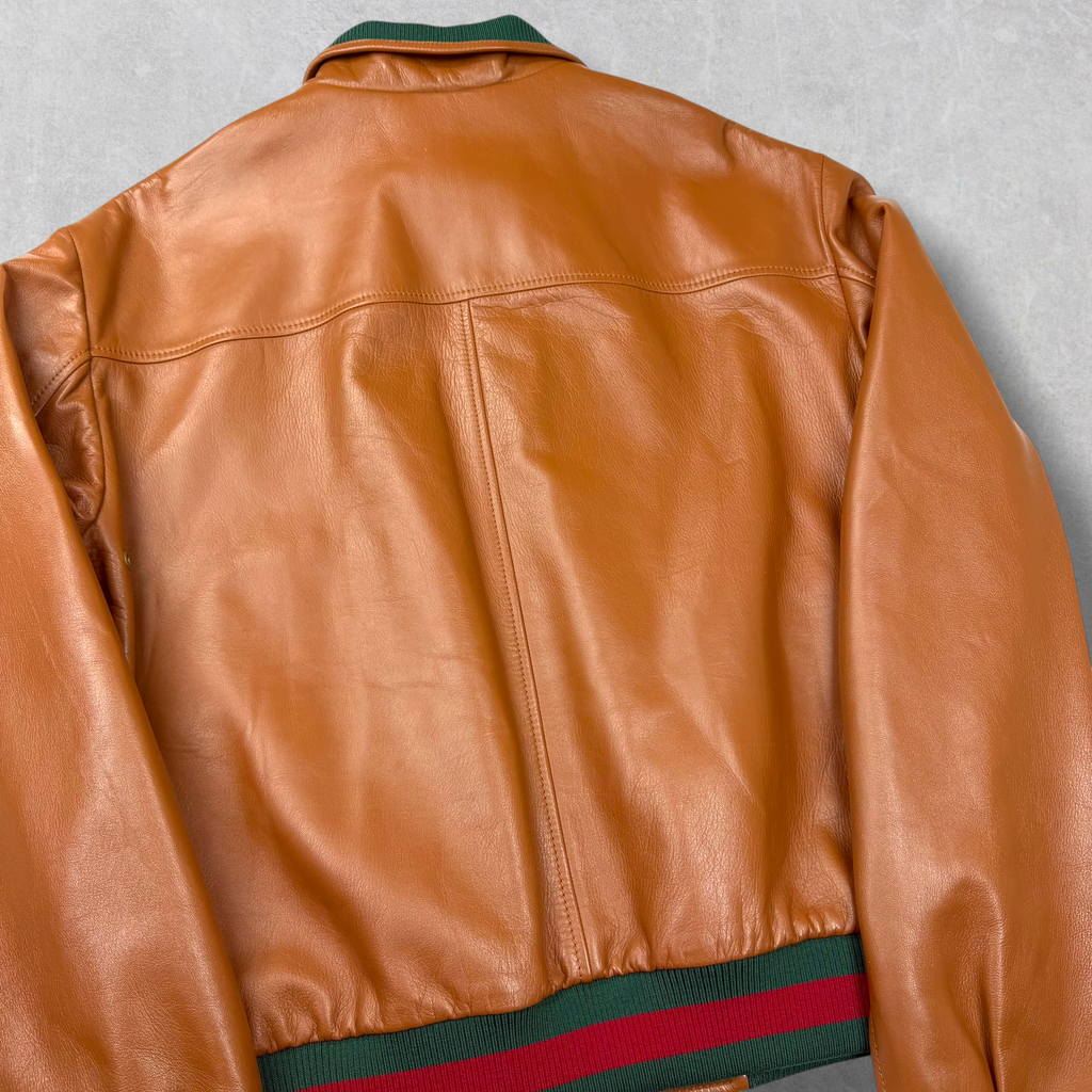 Gucci Web Accent Leather Bomber Jacket Brown 44 (S)