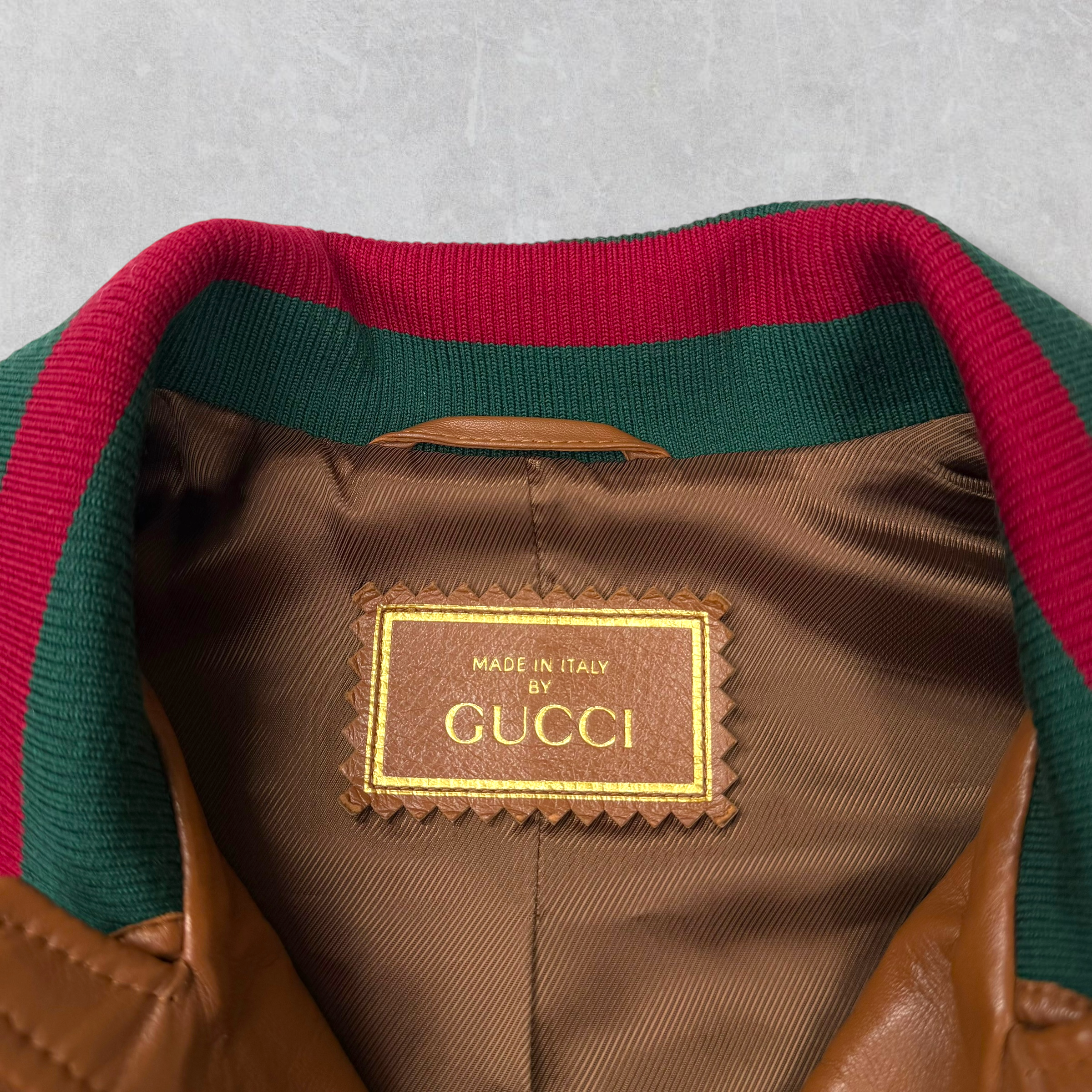 Gucci Web Accent Leather Bomber Jacket Brown 44 (S)