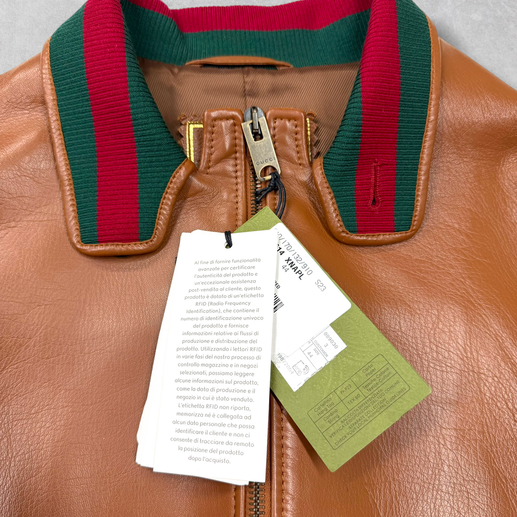 Gucci Web Accent Leather Bomber Jacket Brown 44 (S)