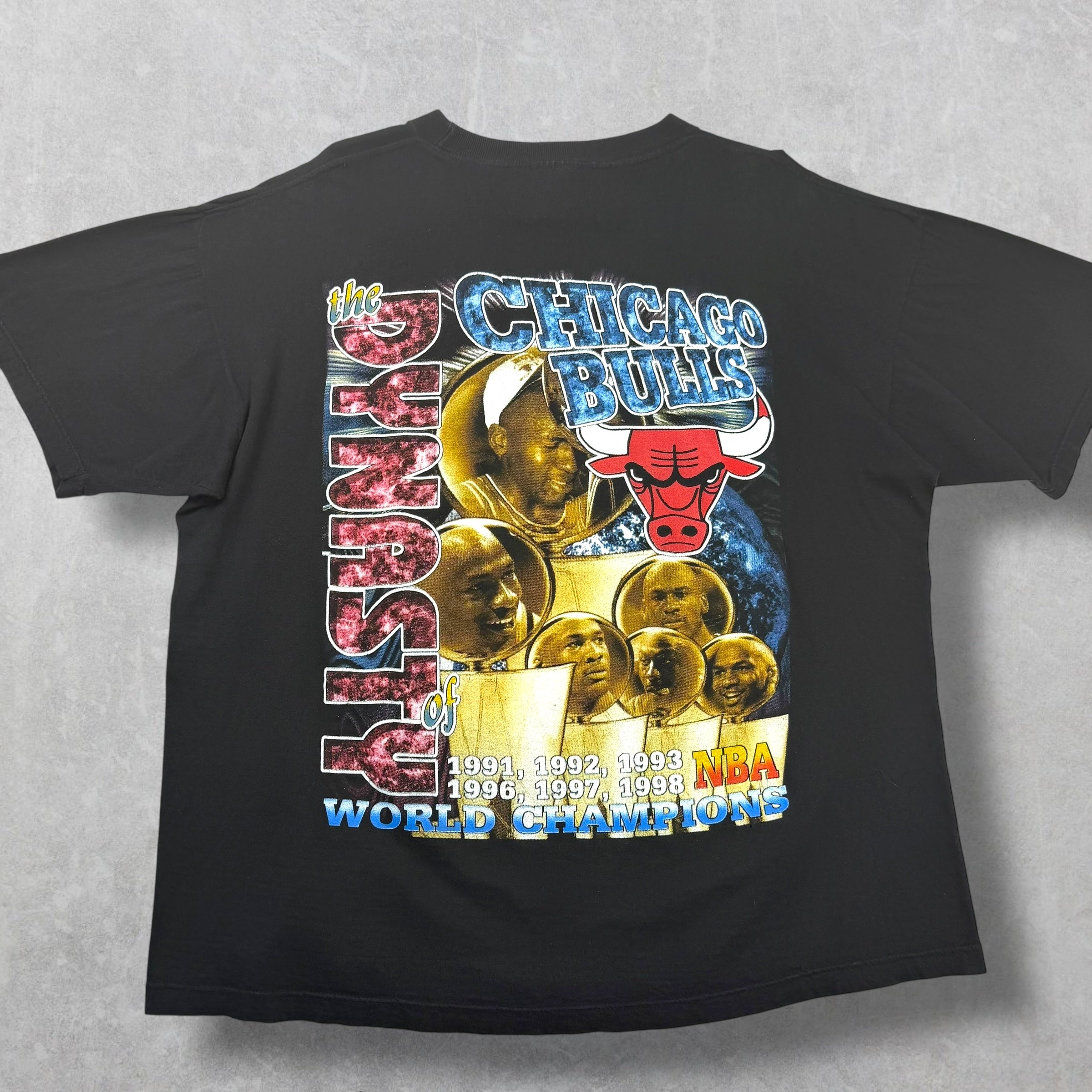 Vintage 90s MJ Bulls The Dynasty Double 3Peat Rap Style Tee XL
