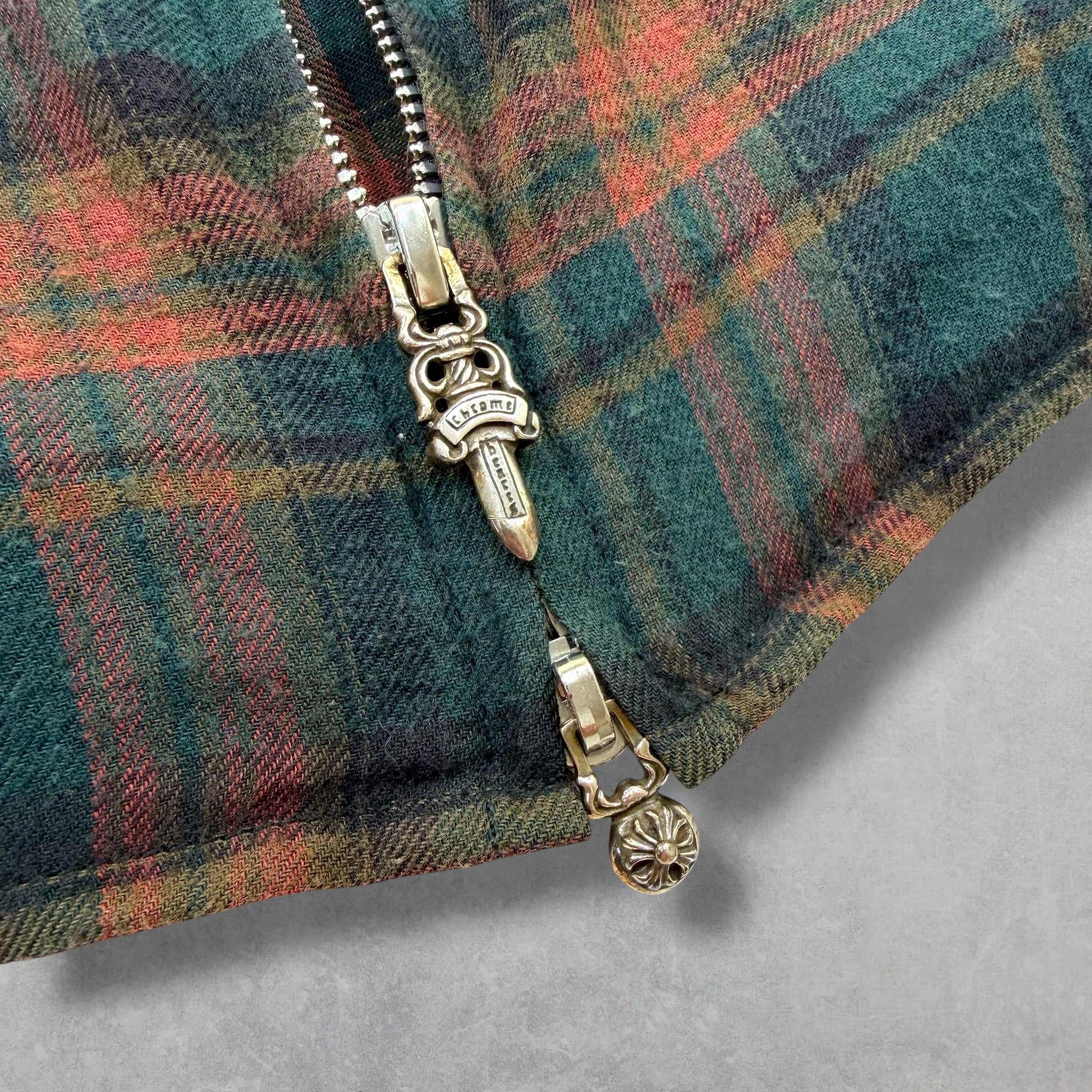 Chrome Hearts Green/Red Plaid Zip Up Shirt Small