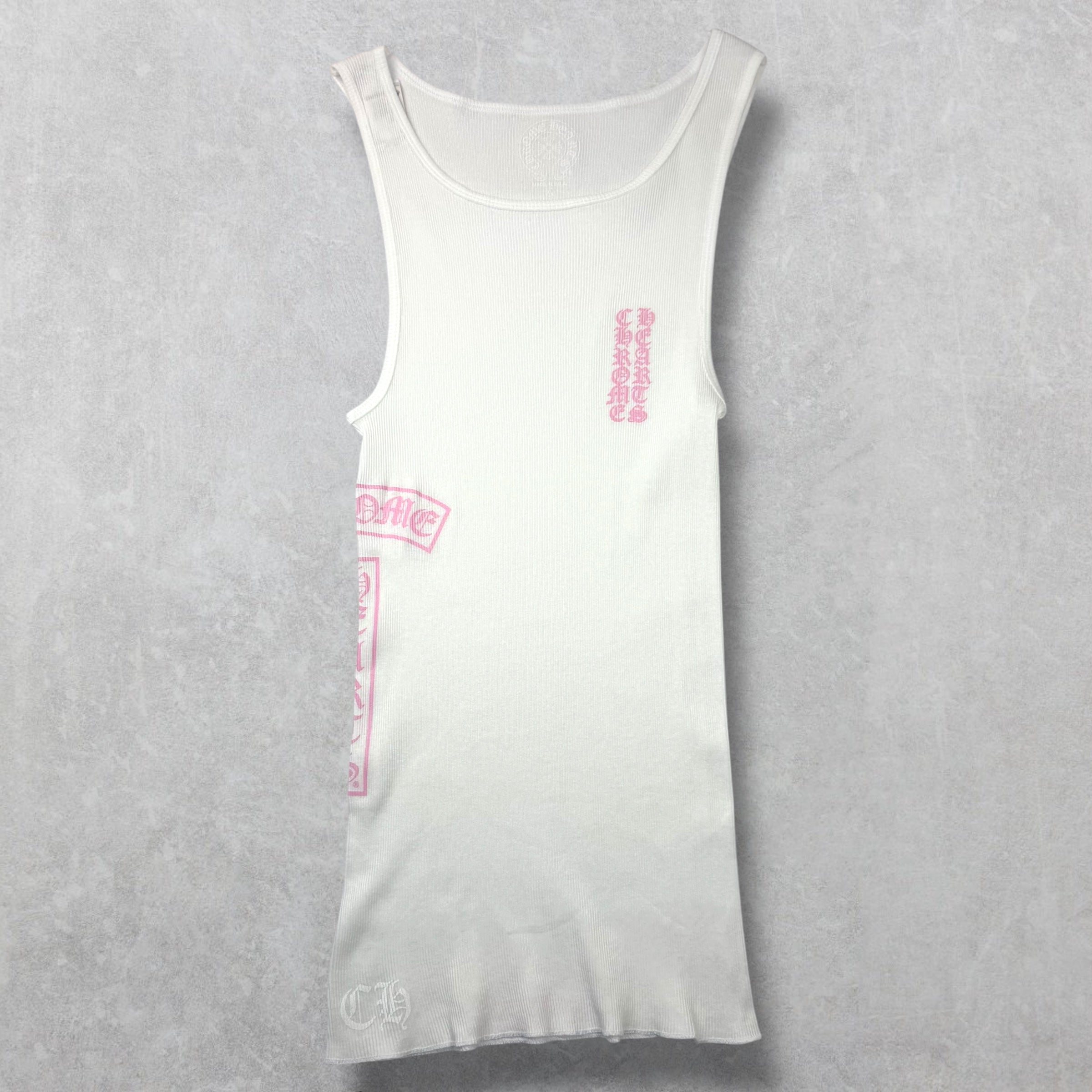 Chrome Hearts Pink T-Bar Ribbed Tank White M