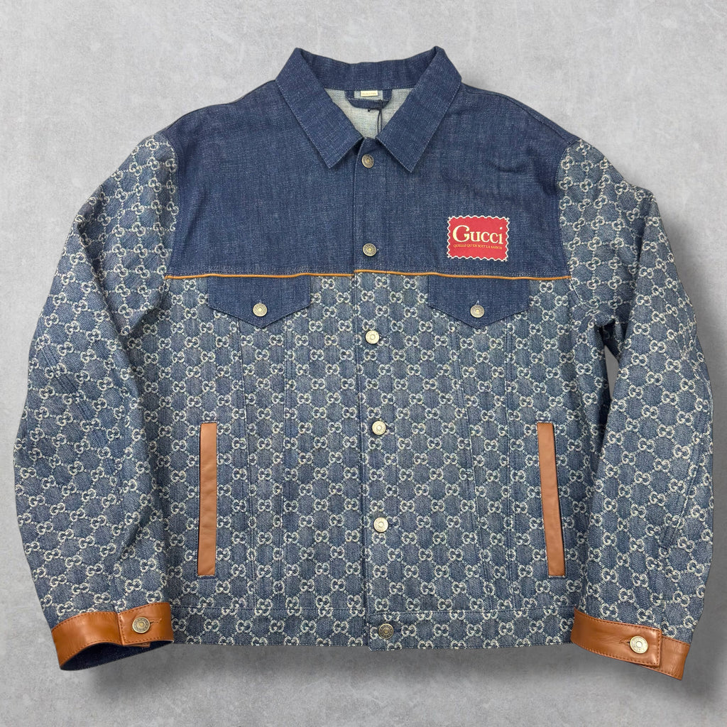 Gucci GG Monogram Denim Jacket w/ Leather Trim 54 (XL)