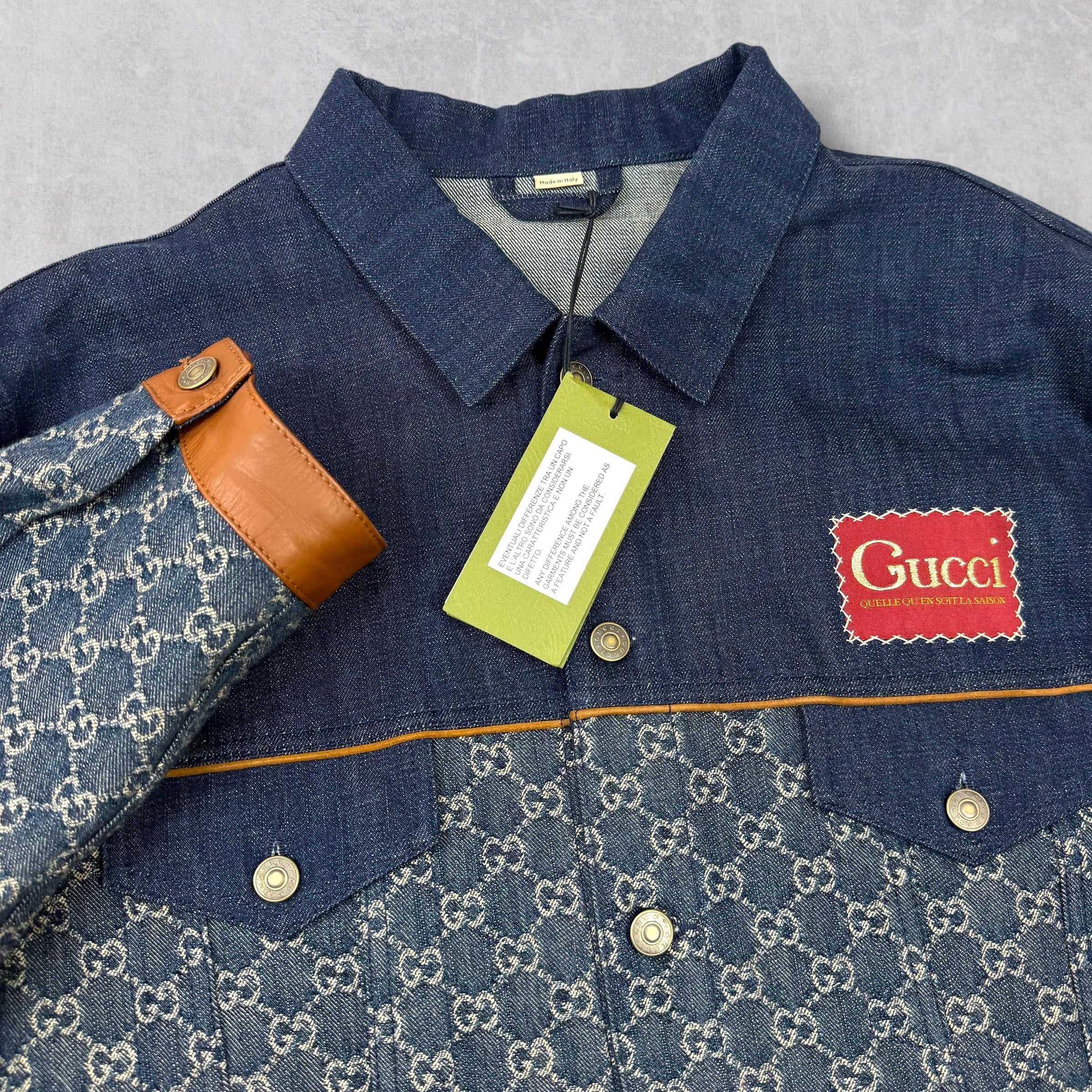 Gucci GG Monogram Denim Jacket w/ Leather Trim 54 (XL)
