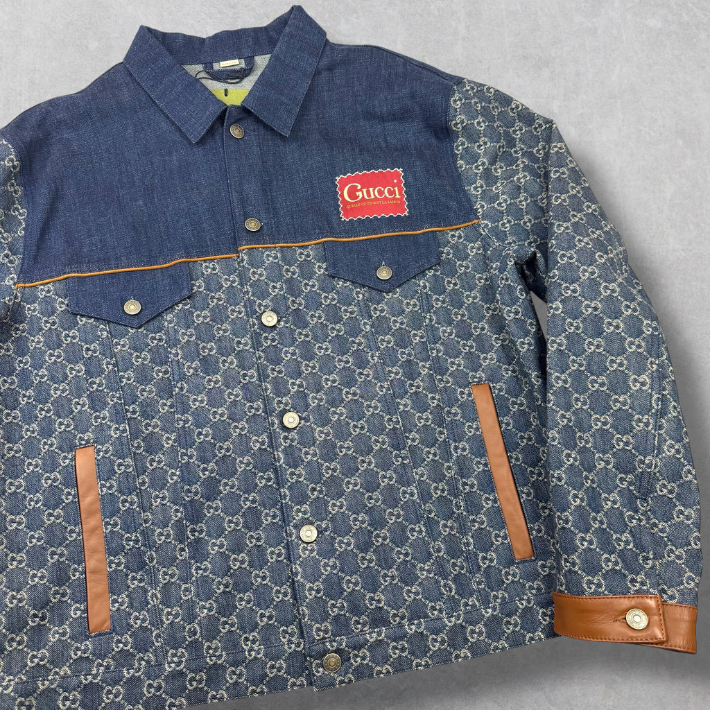 Gucci GG Monogram Denim Jacket w/ Leather Trim 54 (XL)
