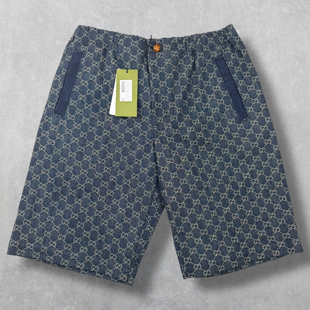 Gucci GG Monogram Denim Shorts W/ Leather Trim 48 (M)
