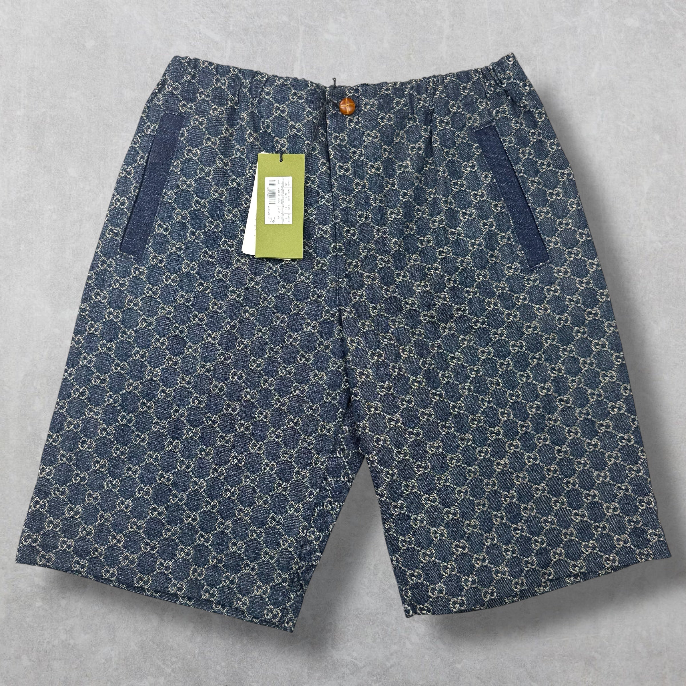 Gucci GG Monogram Denim Shorts W/ Leather Trim 48 (M)