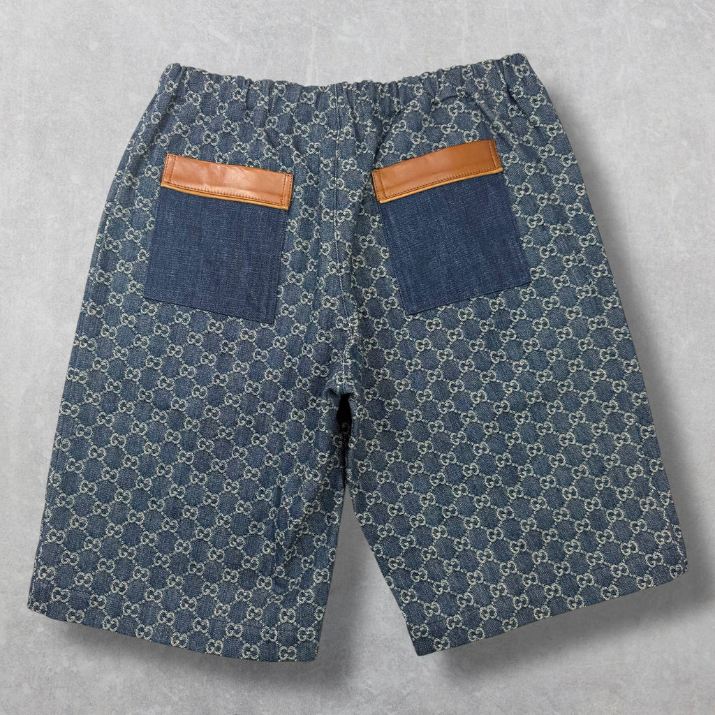 Gucci GG Monogram Denim Shorts W/ Leather Trim 48 (M)